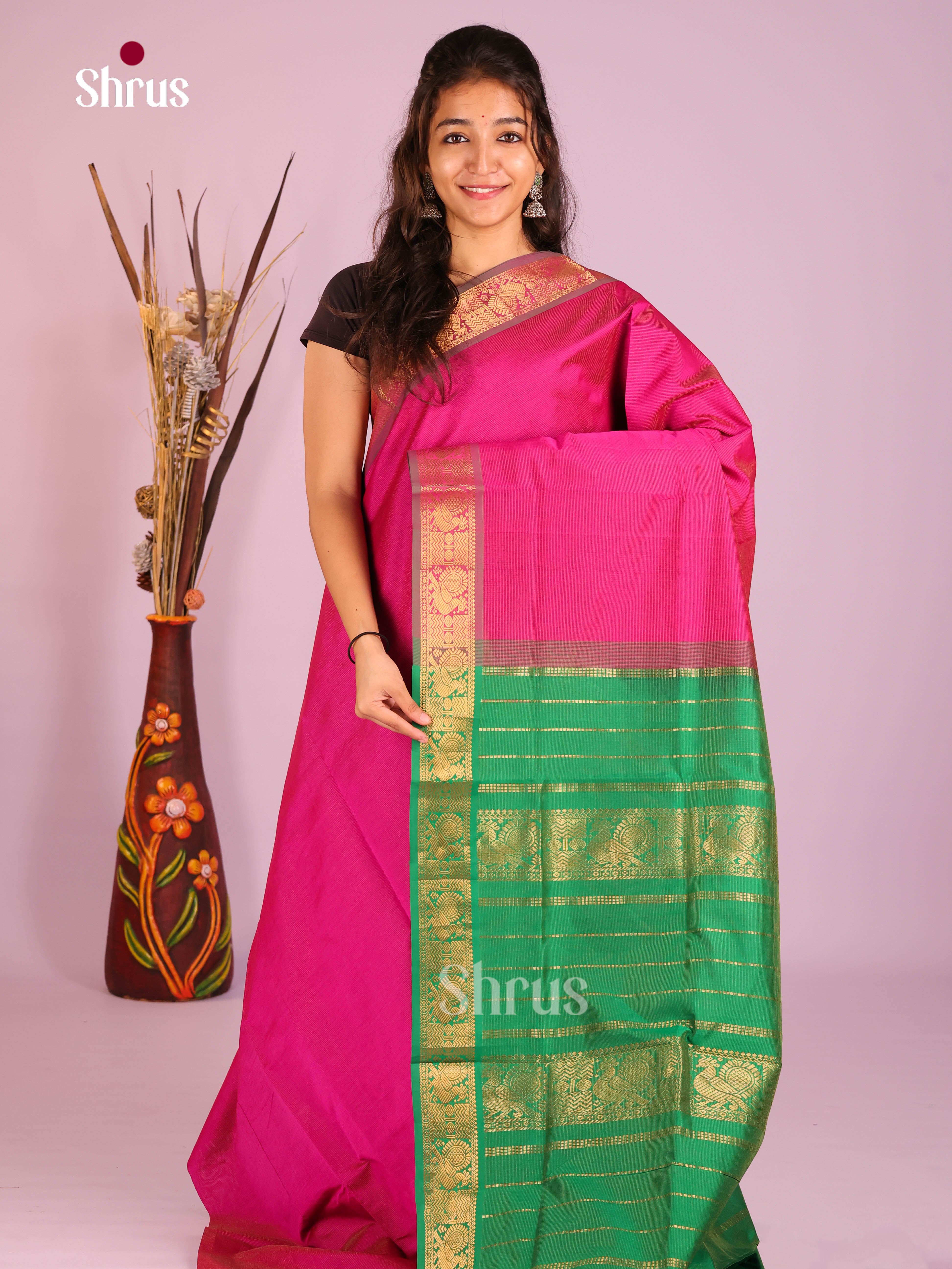 Pink & Green - Silkcotton-halfpure Saree - Shop on Shrus.com