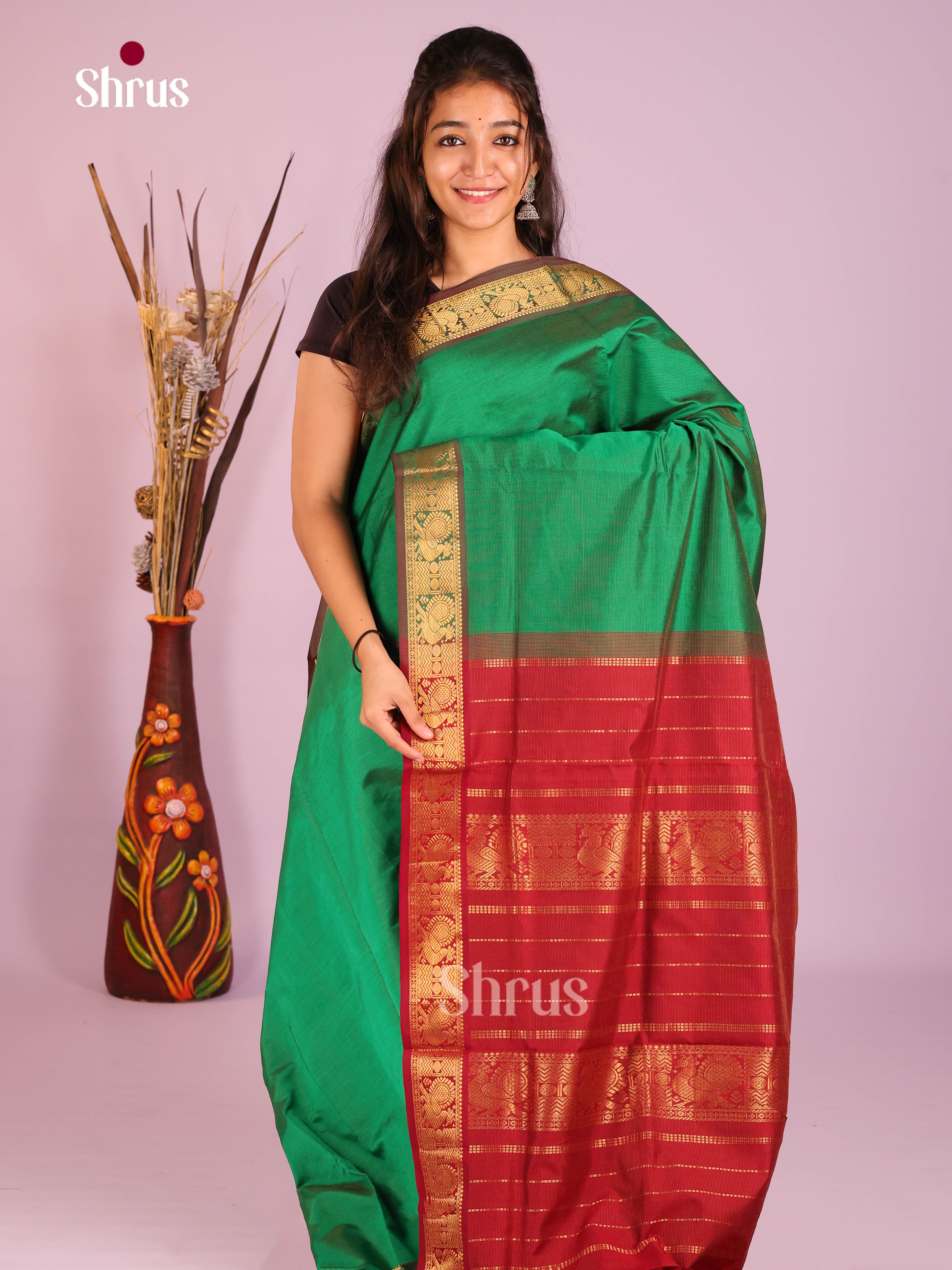 Green & Maroon - Silkcotton-halfpure Saree - Shop on Shrus.com