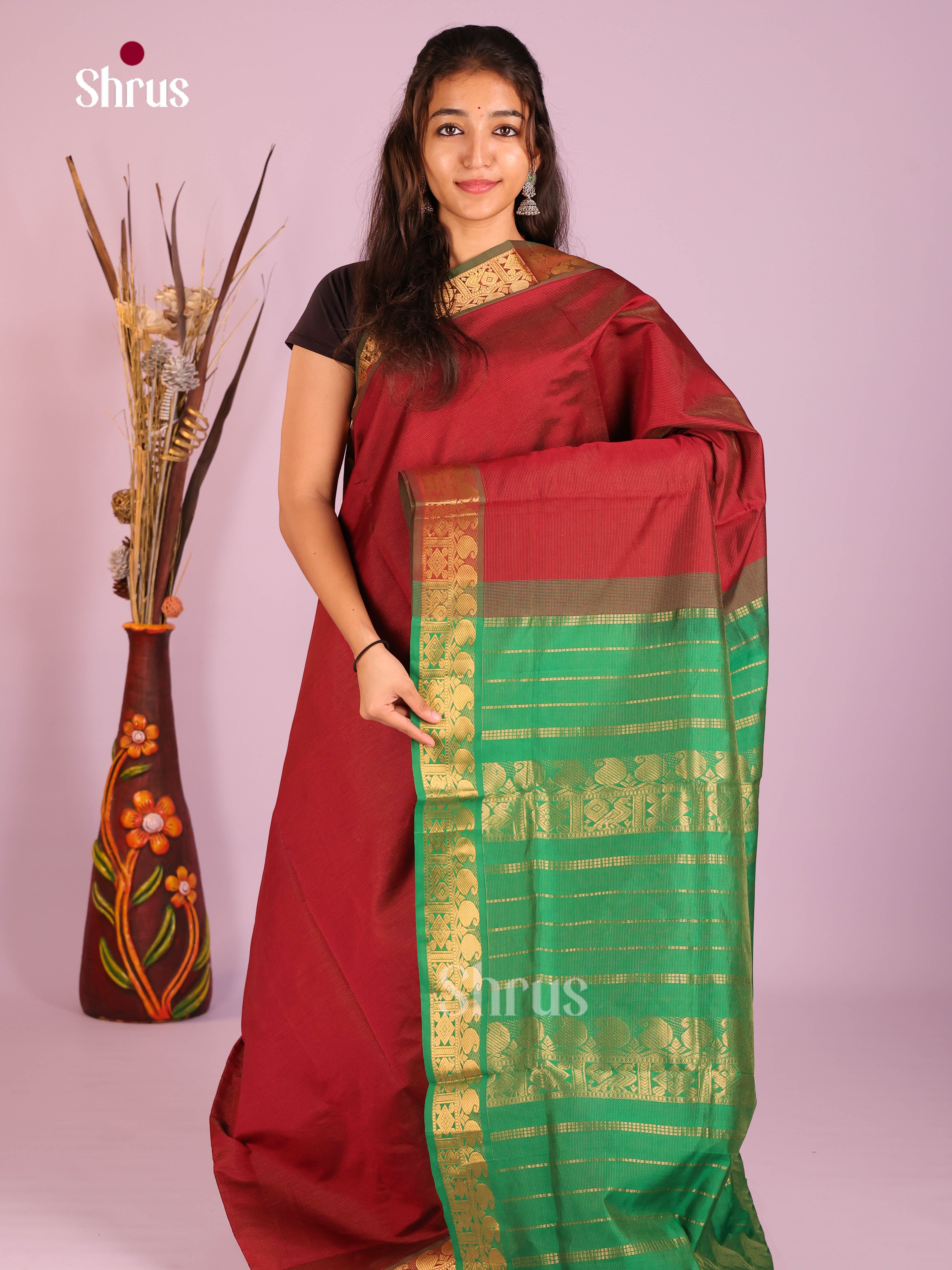 Maroon & Green - Silkcotton-halfpure Saree - Shop on Shrus.com