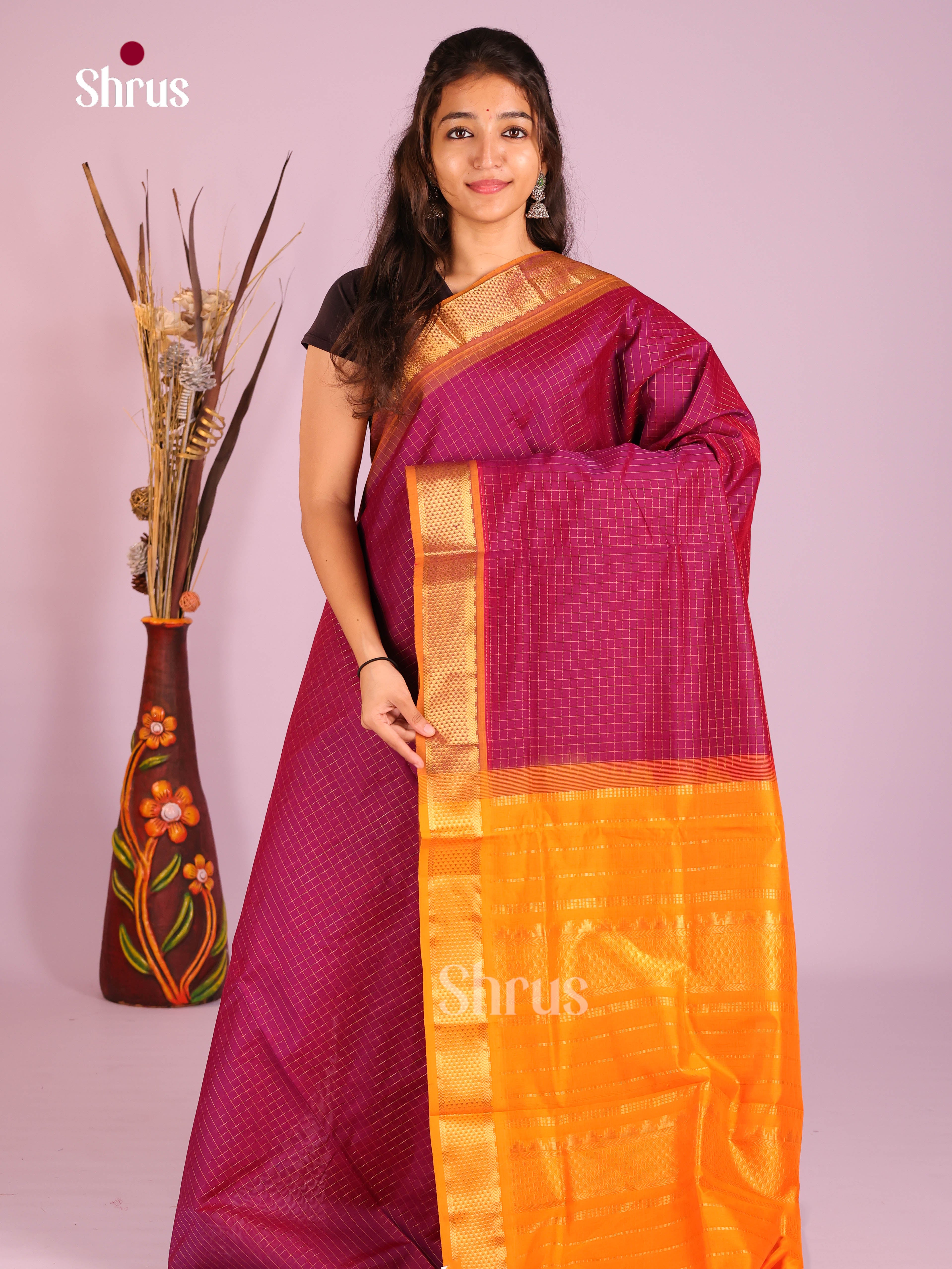 Purple & Orange - Silkcotton-halfpure Saree - Shop on Shrus.com