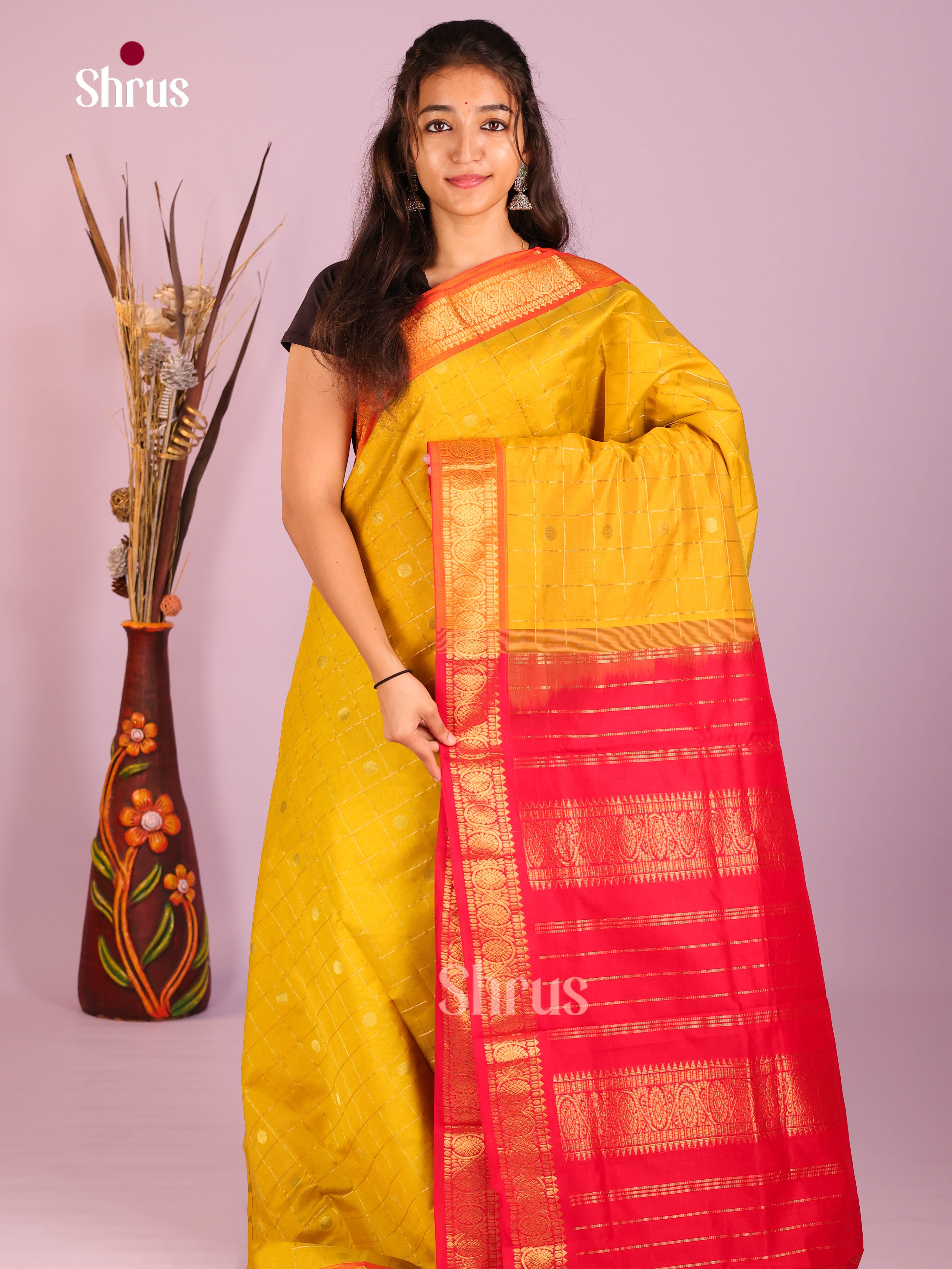 Mustard & Red- Silkcotton-halfpure Saree - Shop on Shrus.com