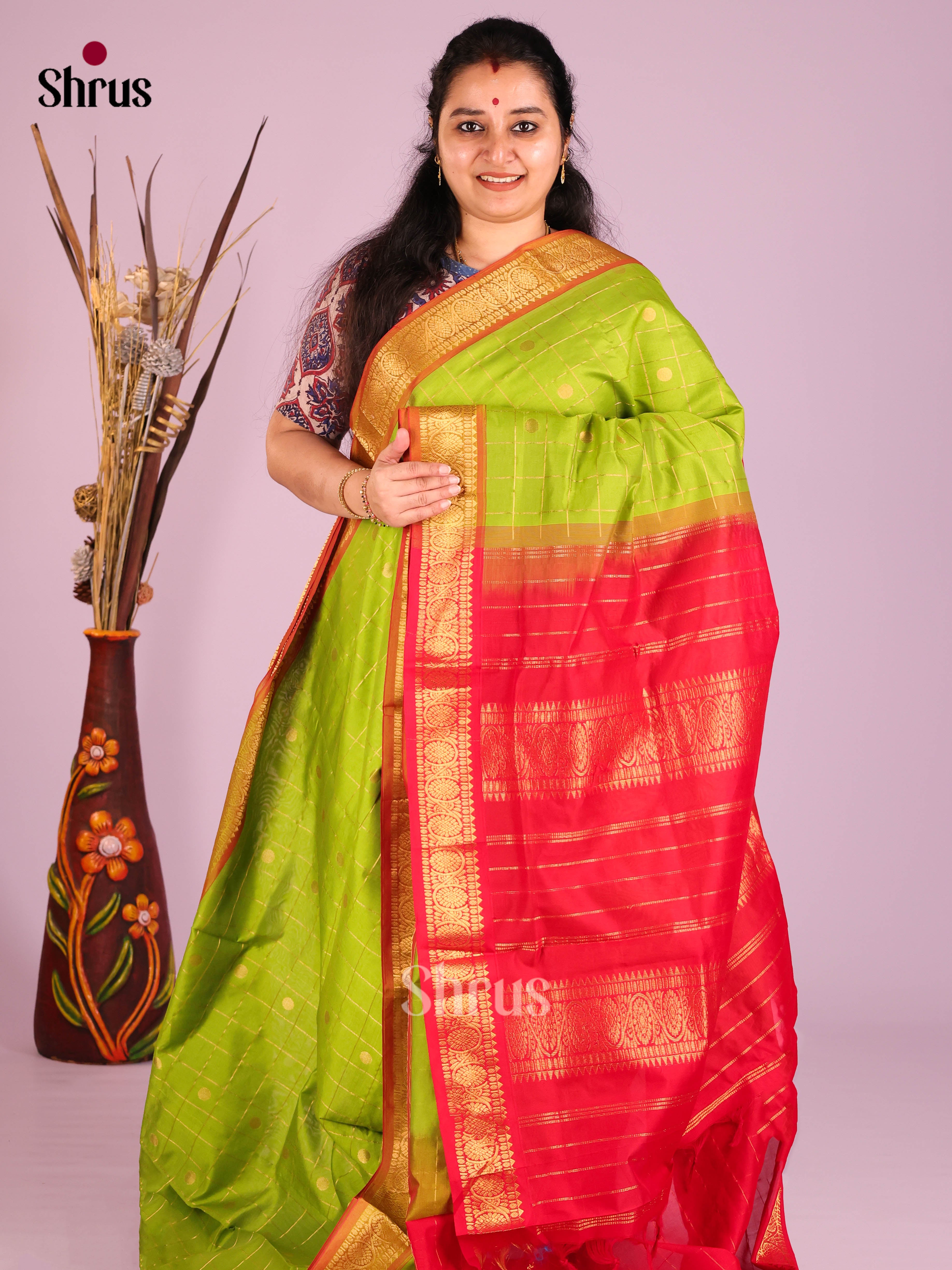Light Green & Red - Silkcotton-halfpure Saree - Shop on Shrus.com