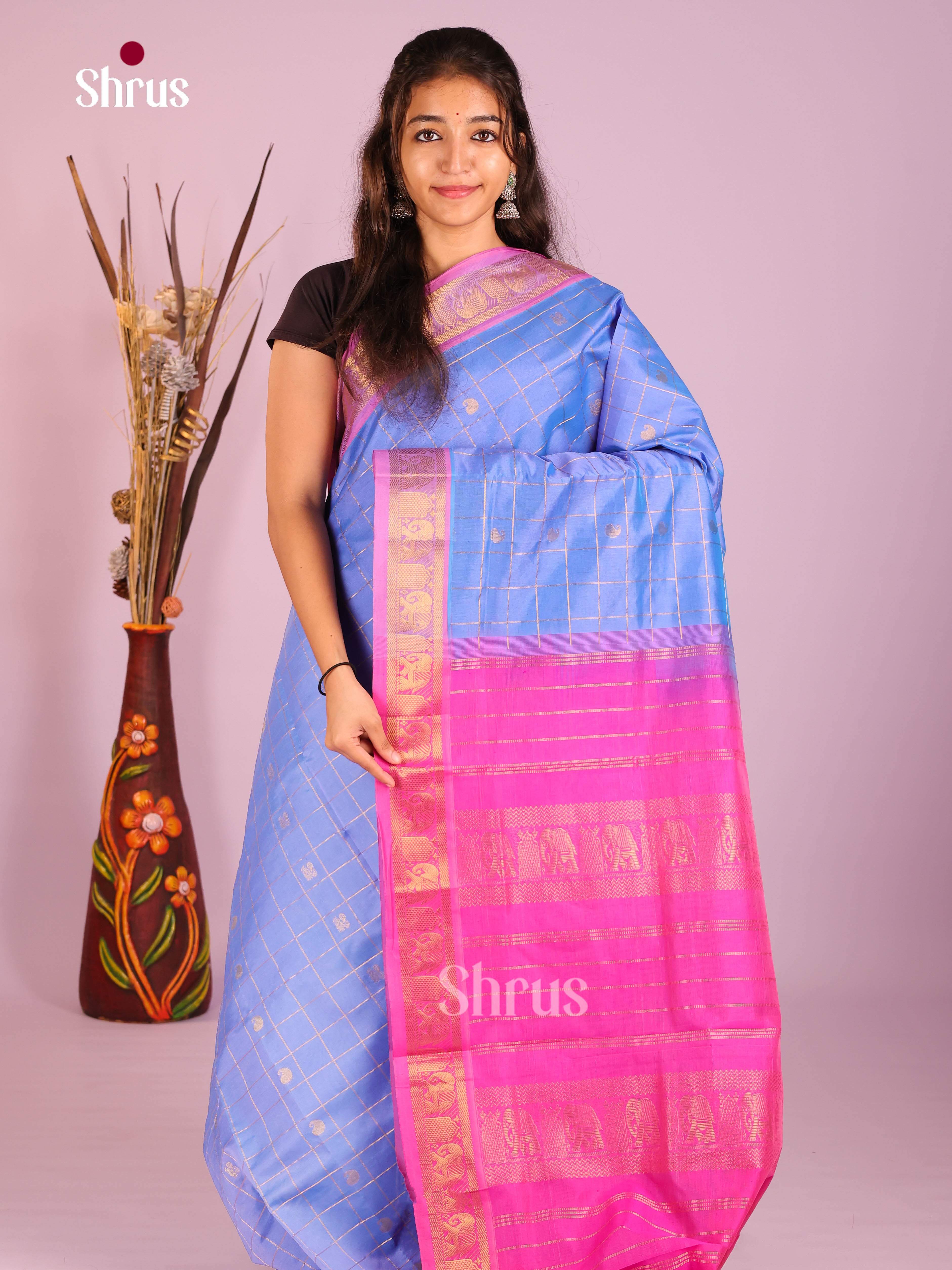 Blue & Pink - Silkcotton-halfpure Saree