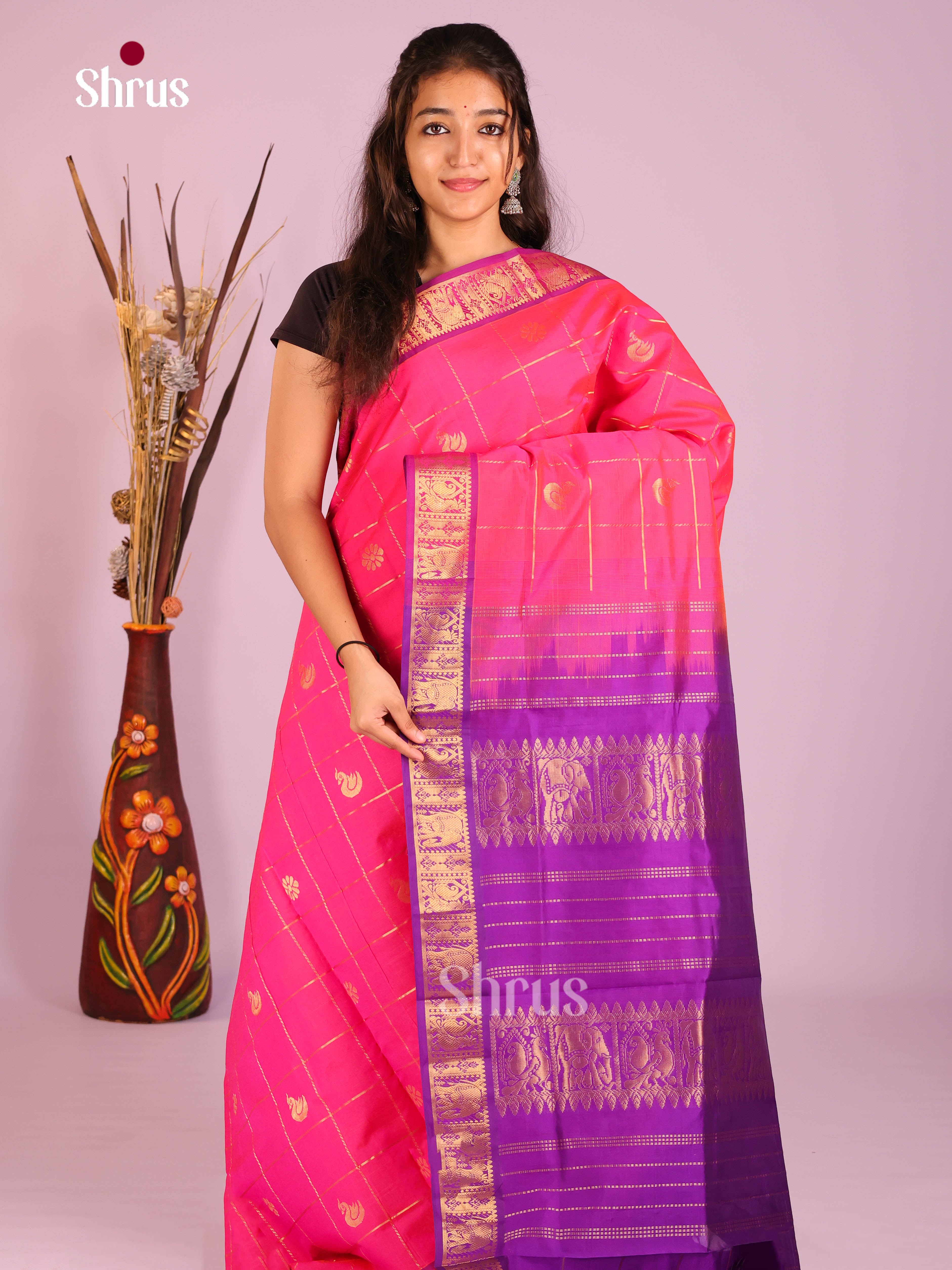 Pink & Violet - Silkcotton-halfpure Saree - Shop on Shrus.com