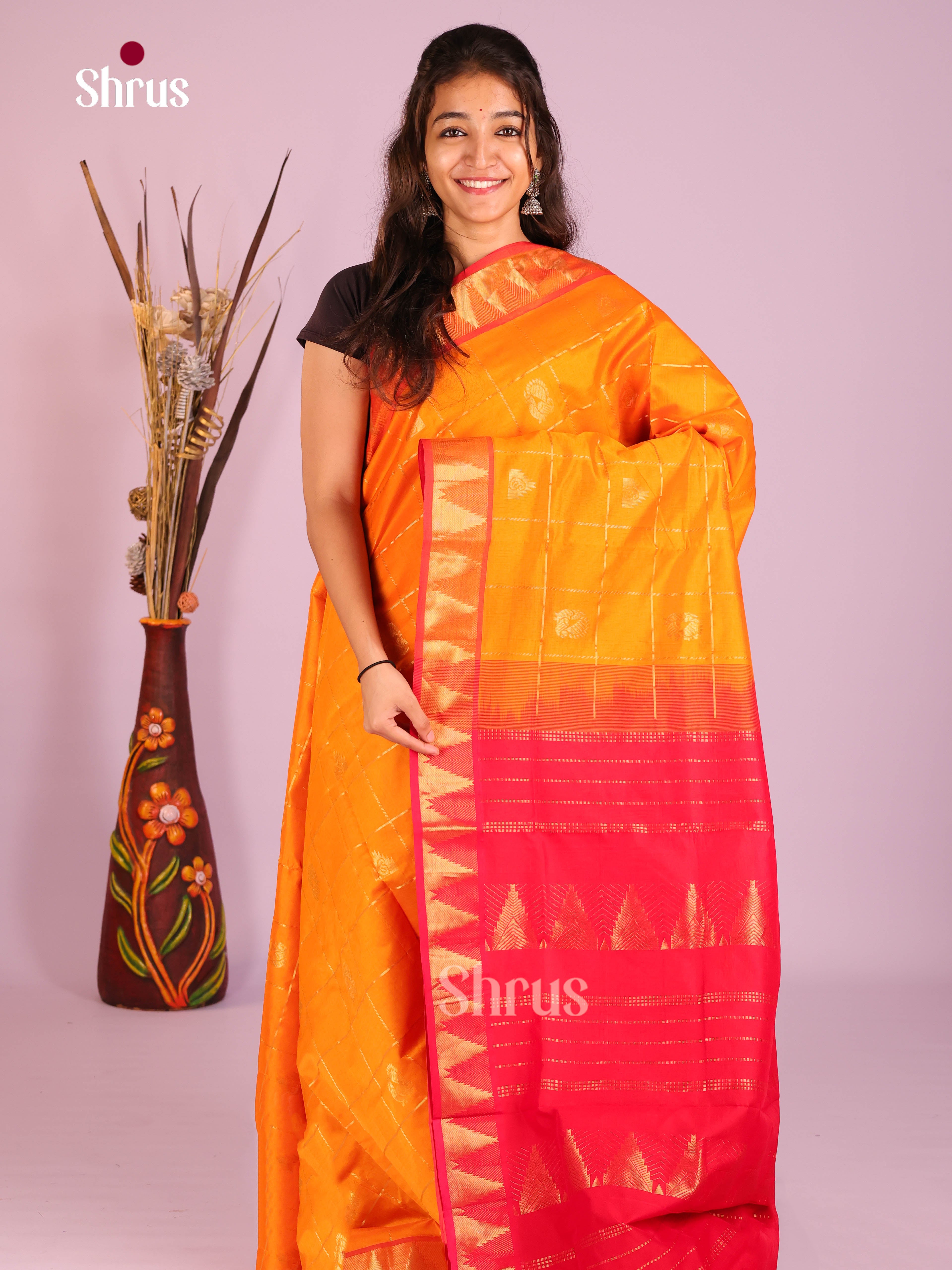 Orange & Red - Silkcotton-halfpure Saree