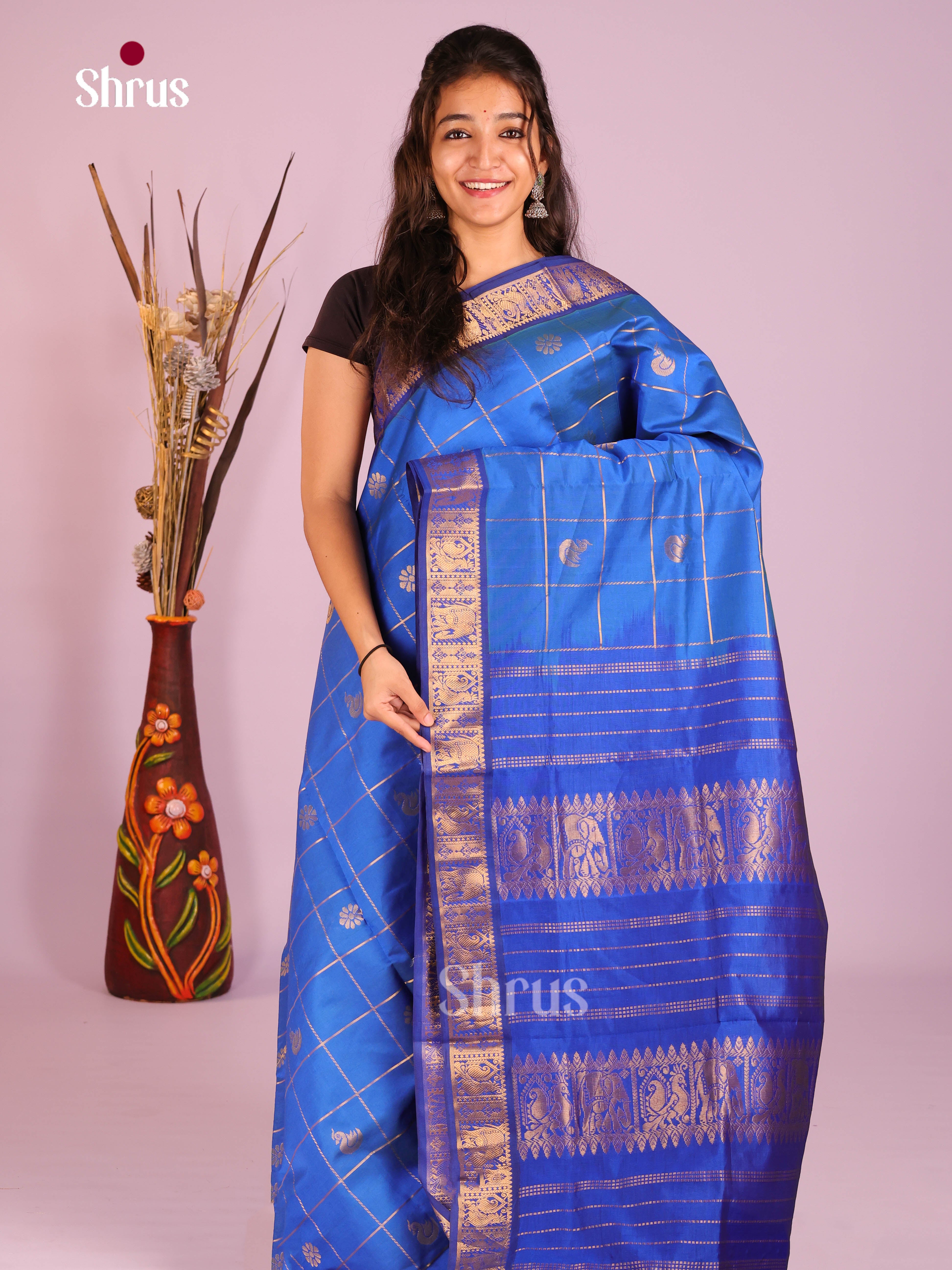 Blue - Silkcotton-halfpure Saree