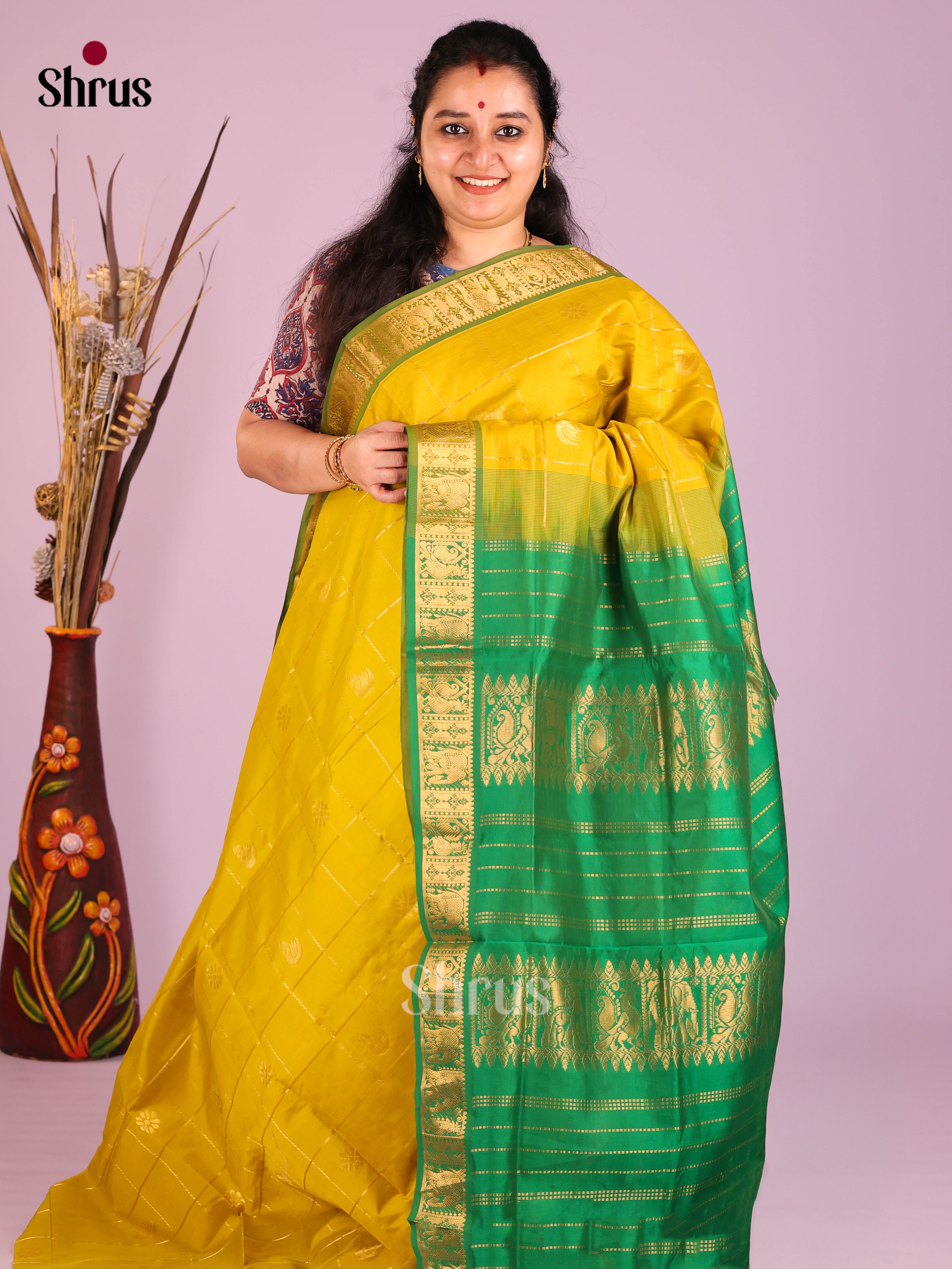 Yellow & Green - Silkcotton-halfpure Saree