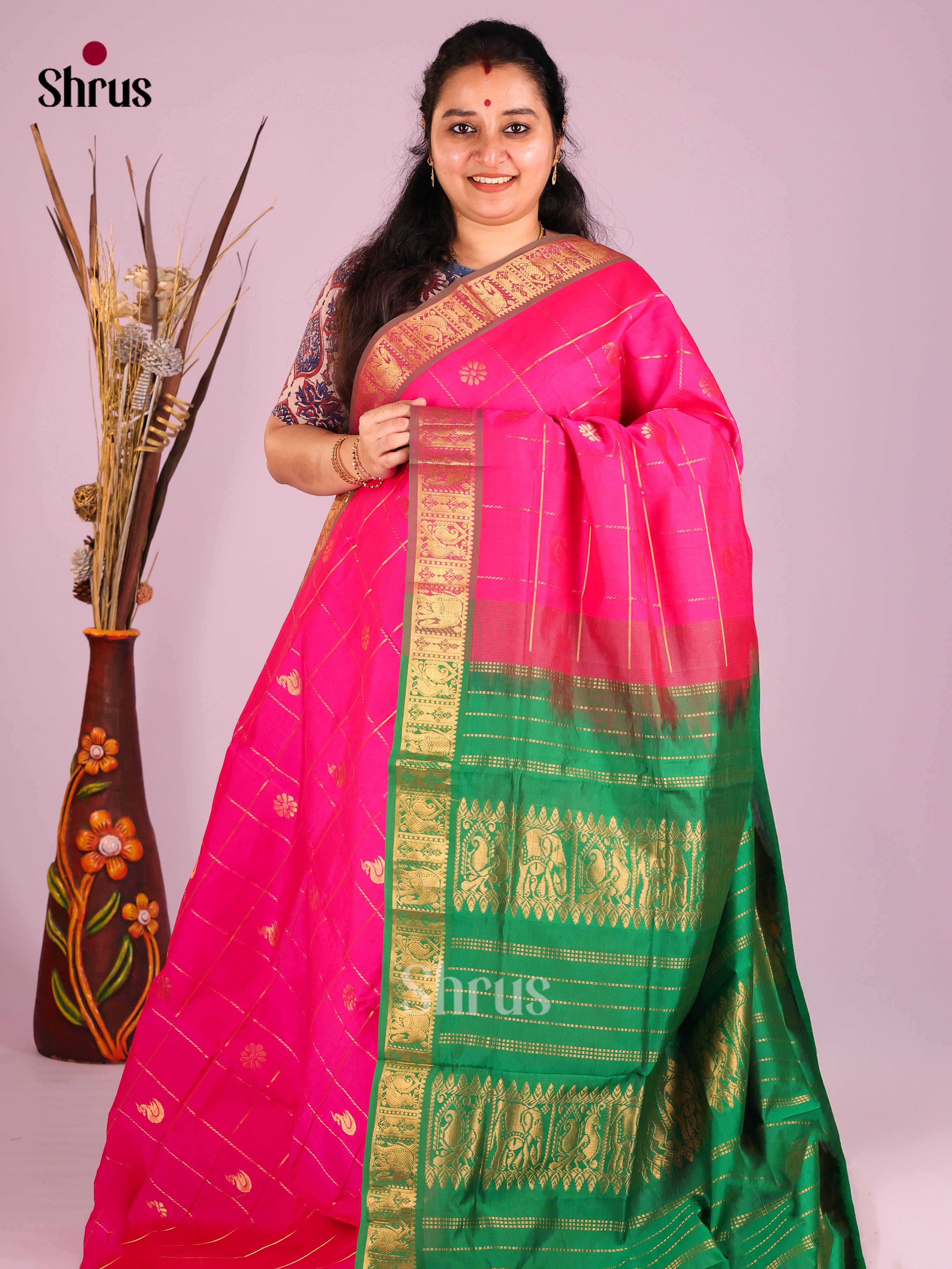 Pink & Green - Silkcotton-halfpure Saree - Shop on Shrus.com