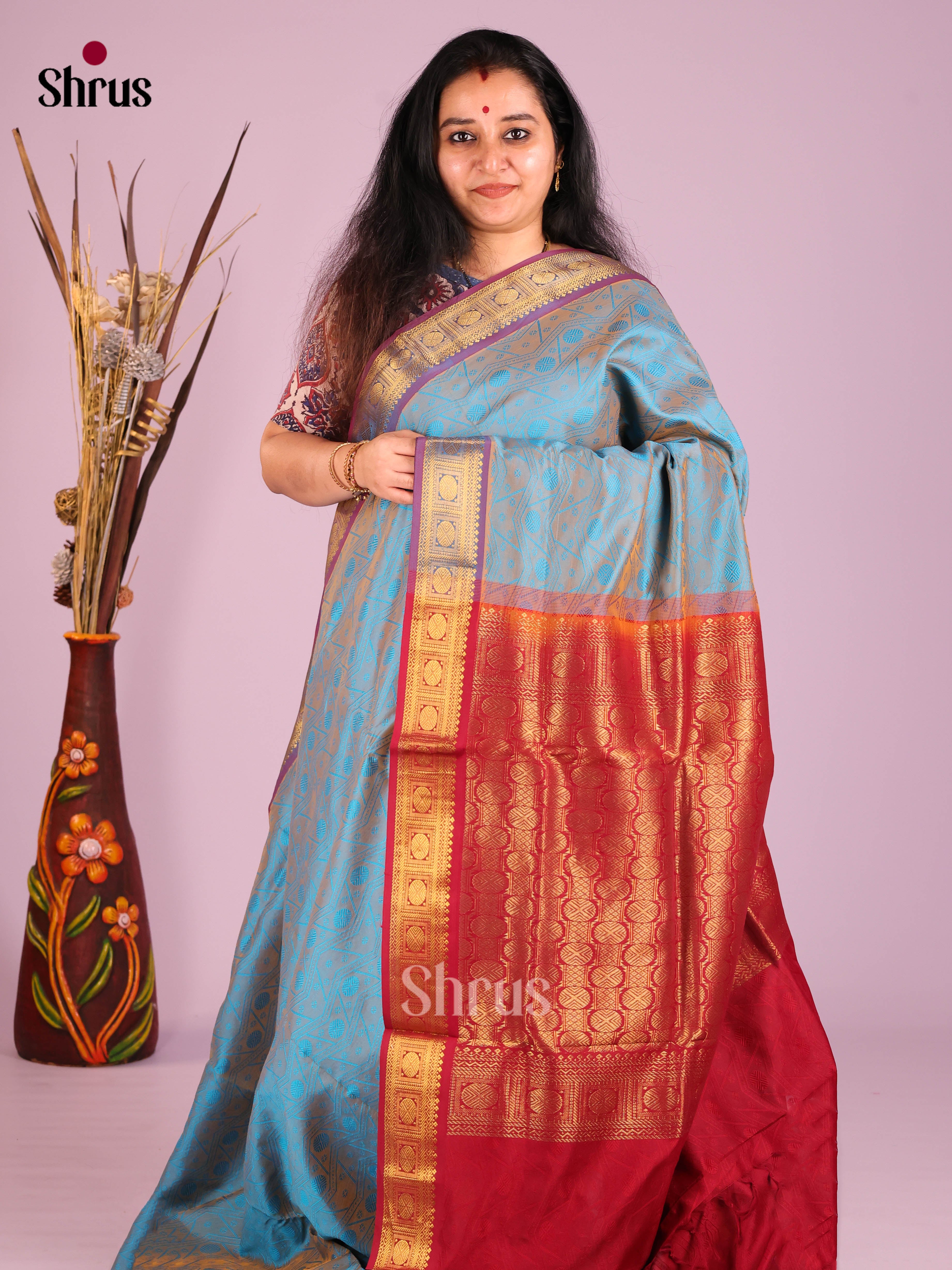 Blue & Red - Silkcotton-halfpure Saree