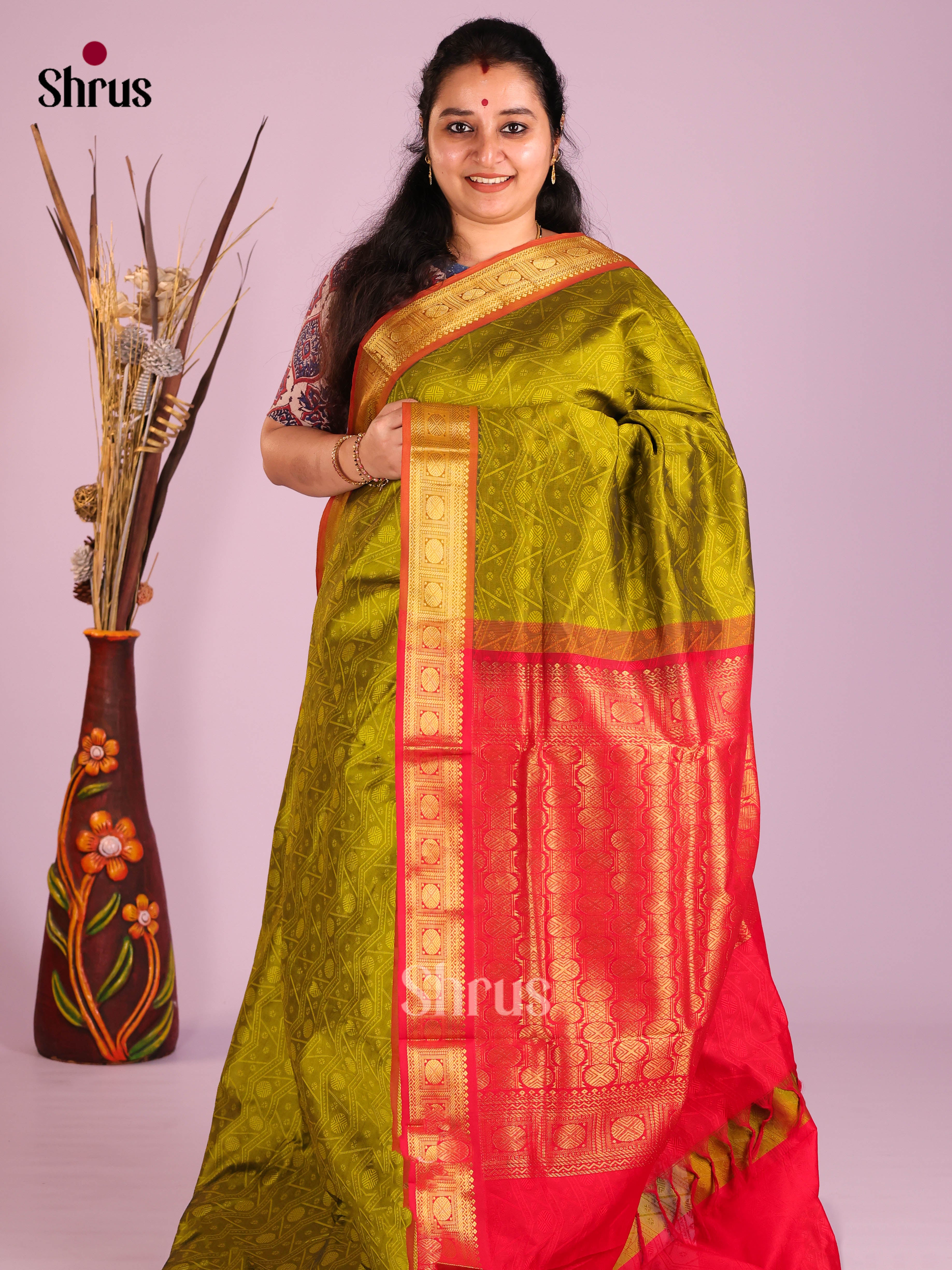 Green & Red - Silkcotton-halfpure Saree - Shop on Shrus.com