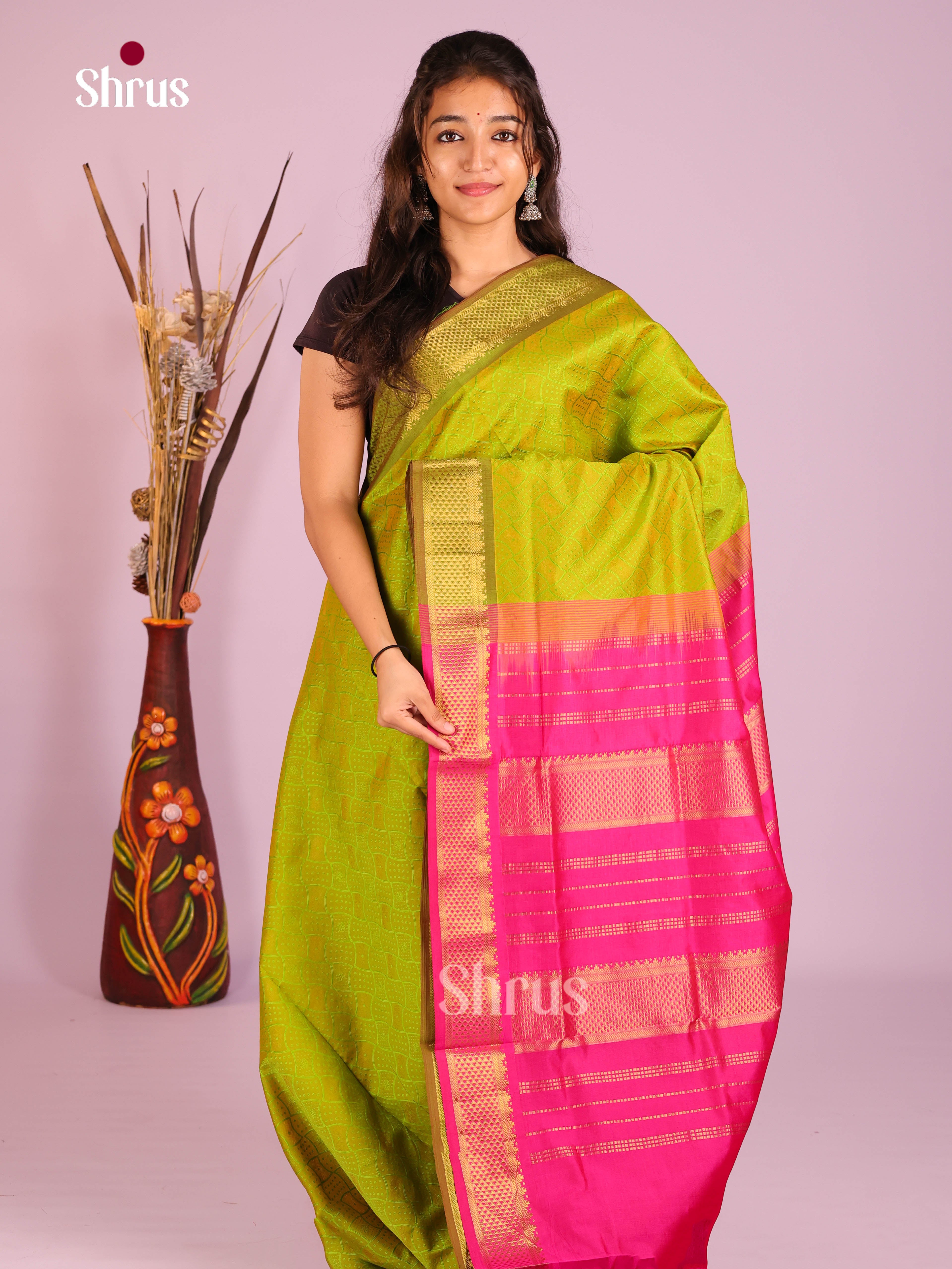 Green & Pink - Silkcotton-halfpure Saree - Shop on Shrus.com