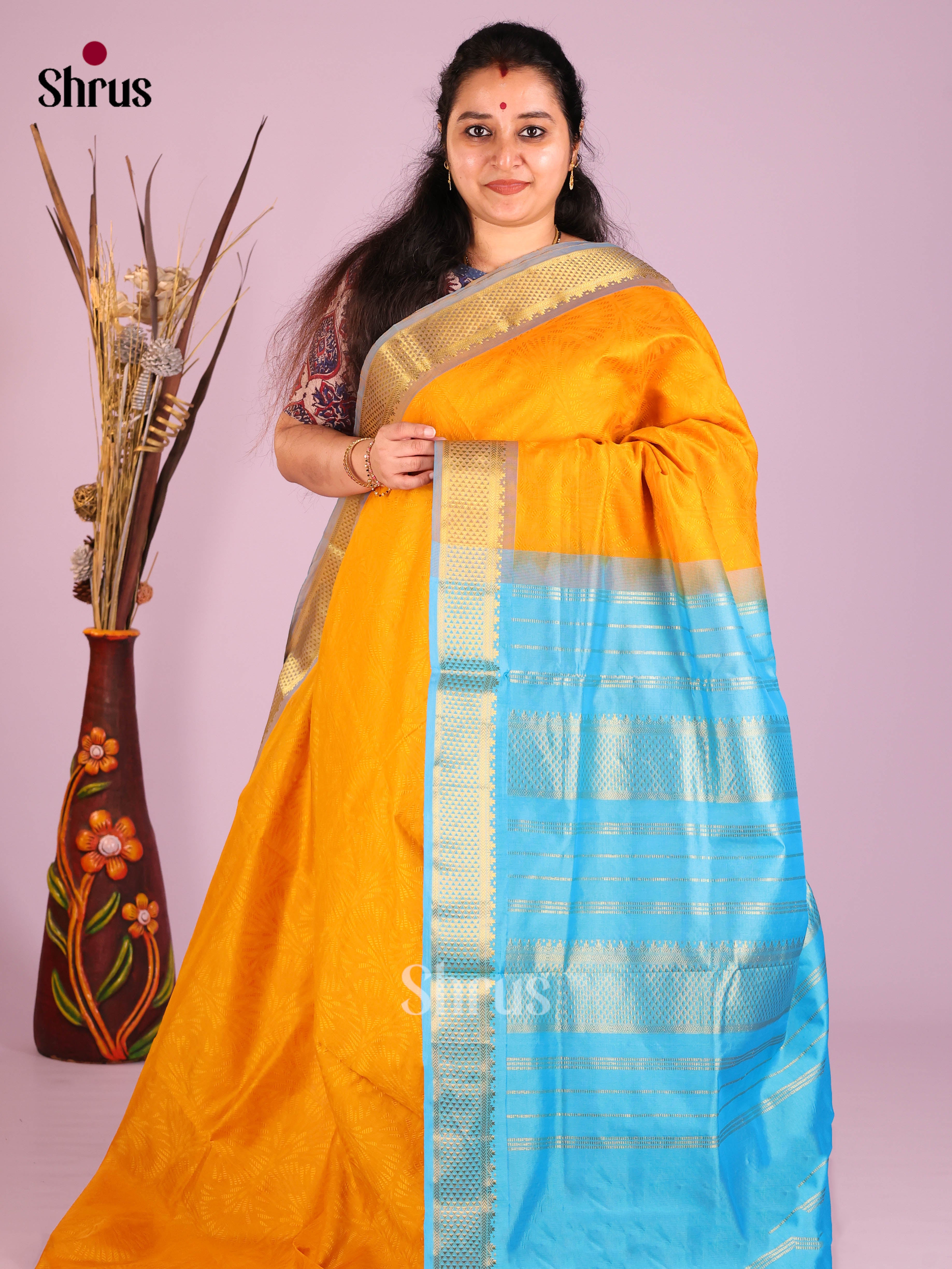Mambazha Yellow & Blue - Silkcotton-halfpure Saree - Shop on Shrus.com