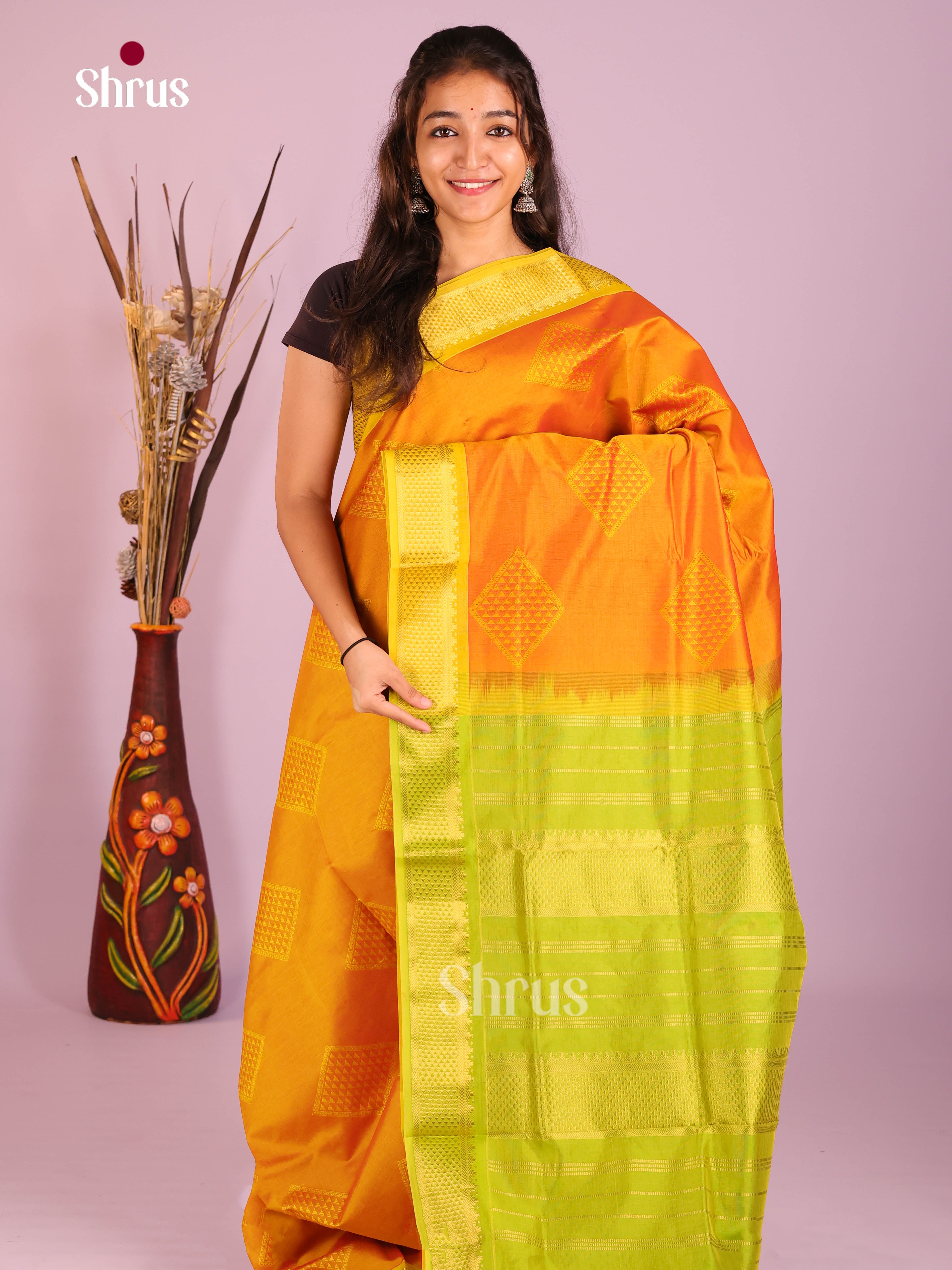 Orange & Green - Silkcotton-halfpure Saree - Shop on Shrus.com