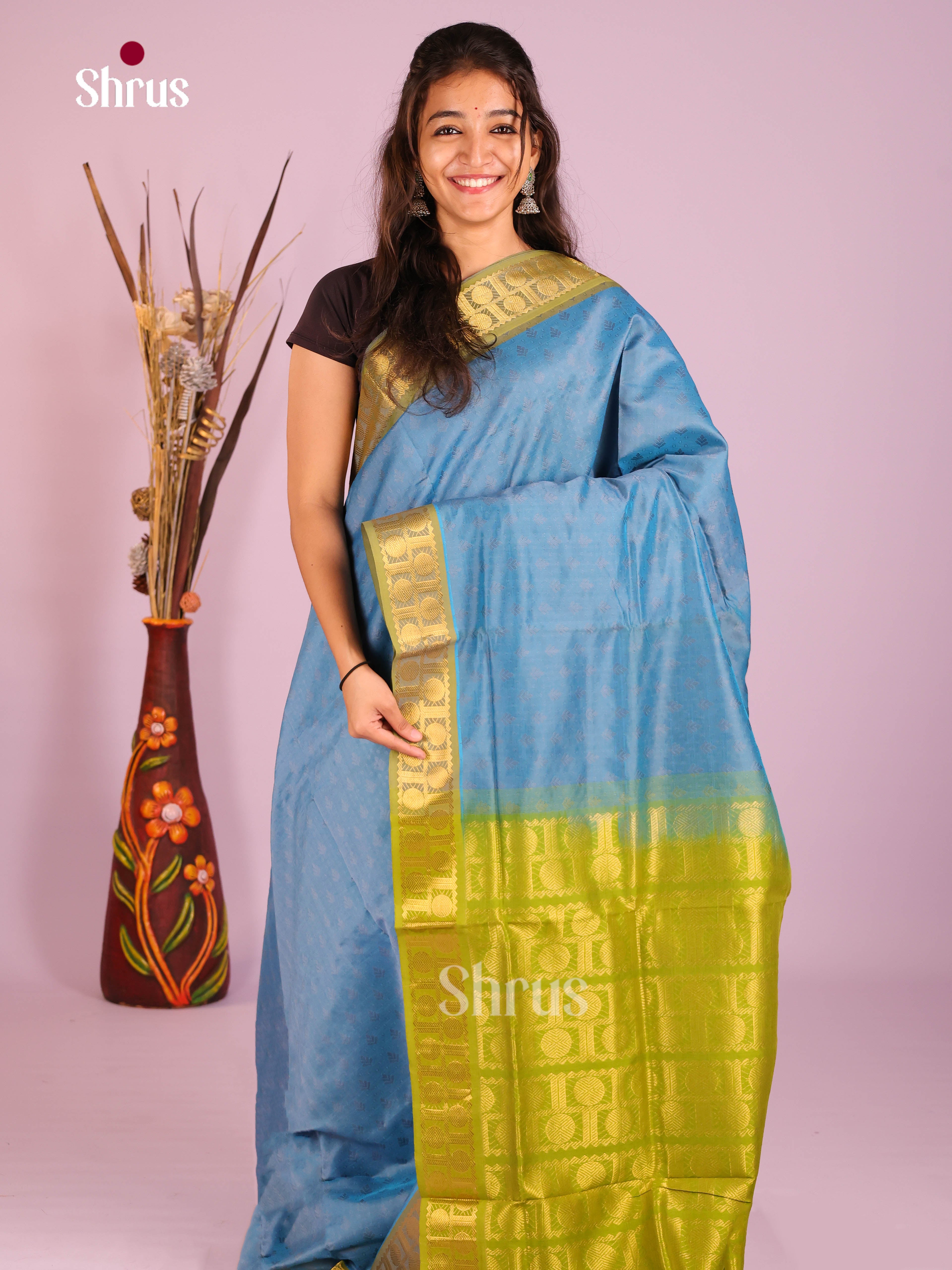 Blue & Green - Silkcotton-halfpure Saree