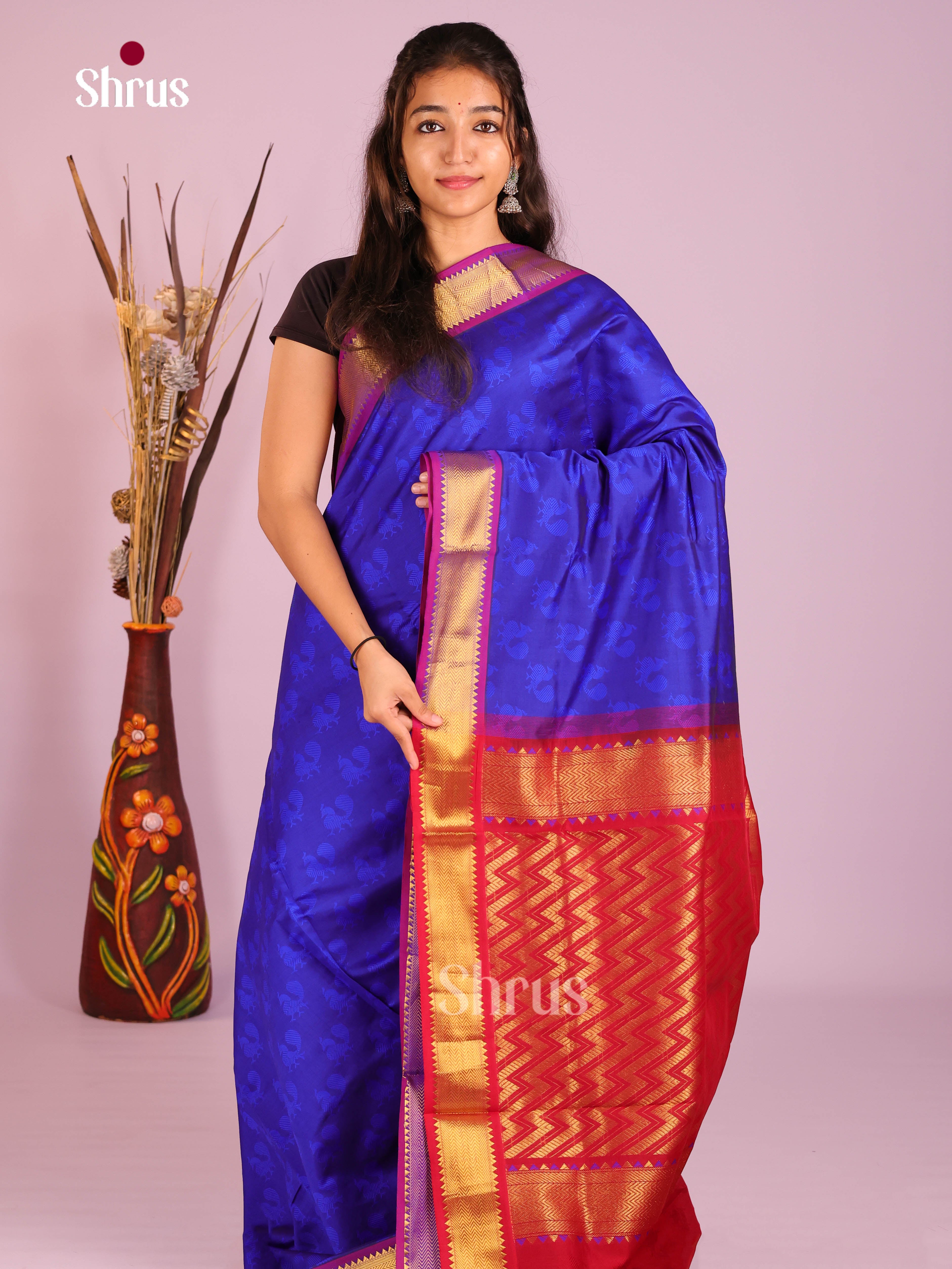 Blue & Red - Silkcotton-halfpure Saree