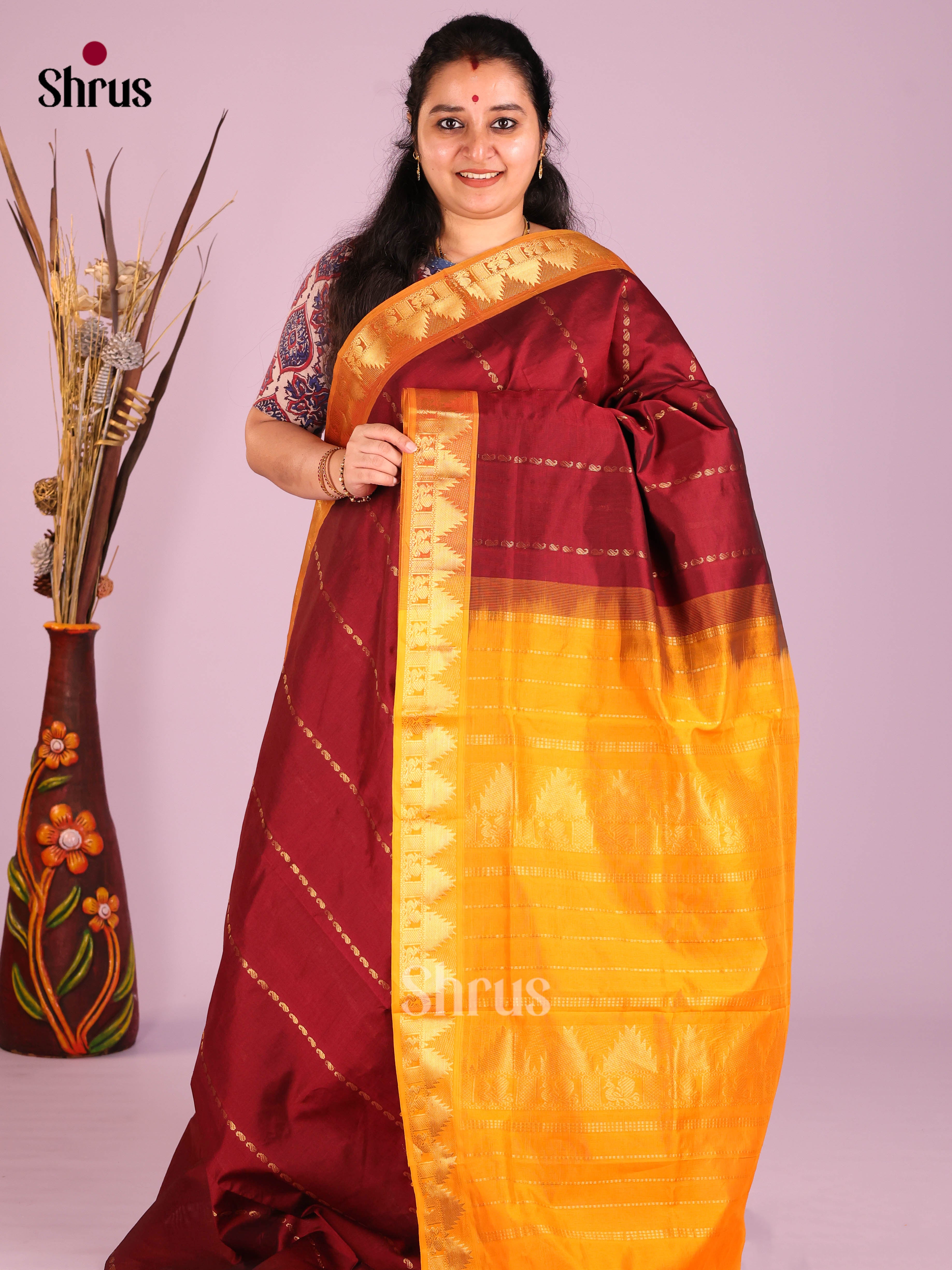 Maroon & Yellow - Silkcotton-halfpure Saree - Shop on Shrus.com