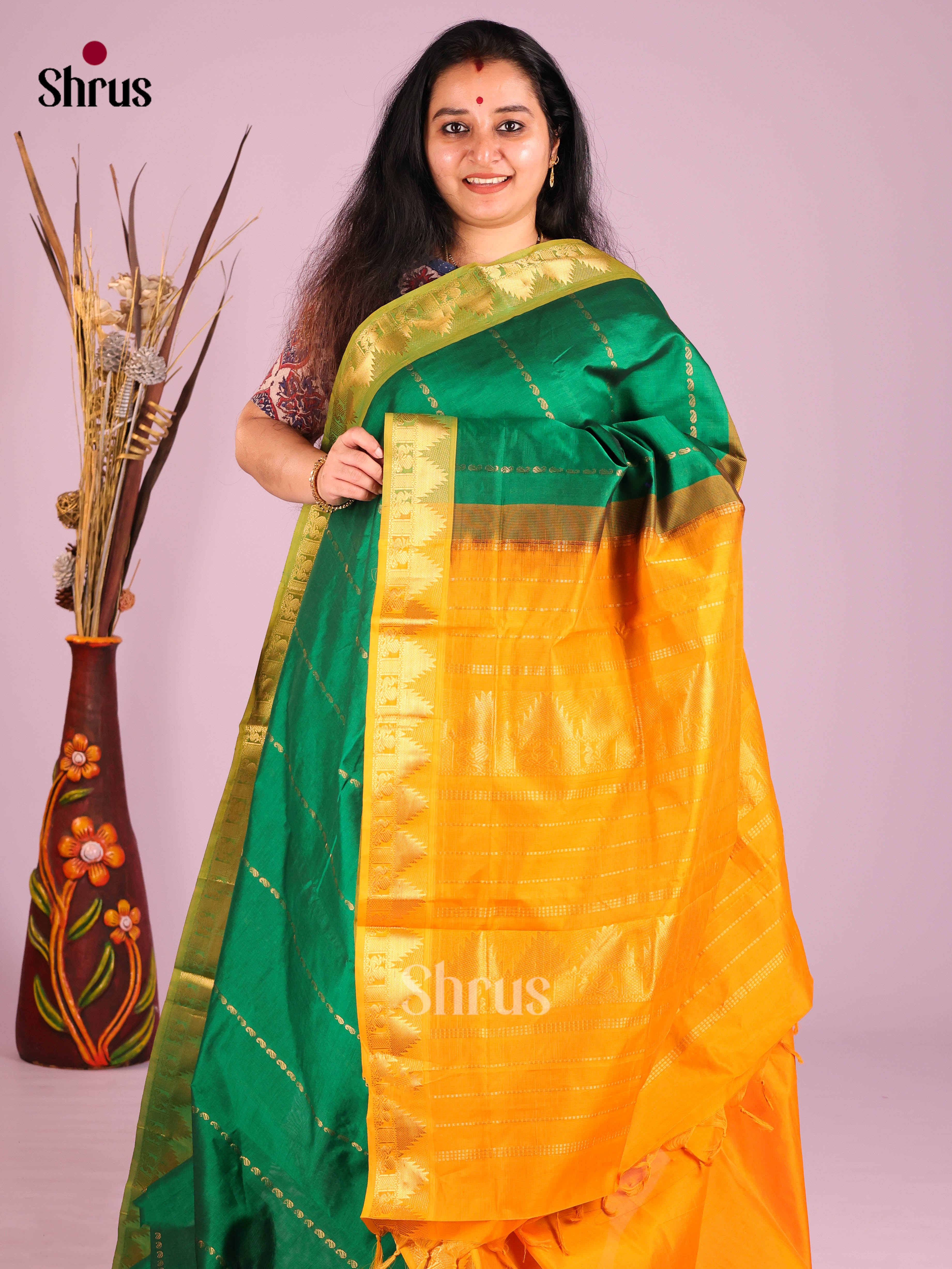 Green & Mustard- Silkcotton-halfpure Saree - Shop on Shrus.com