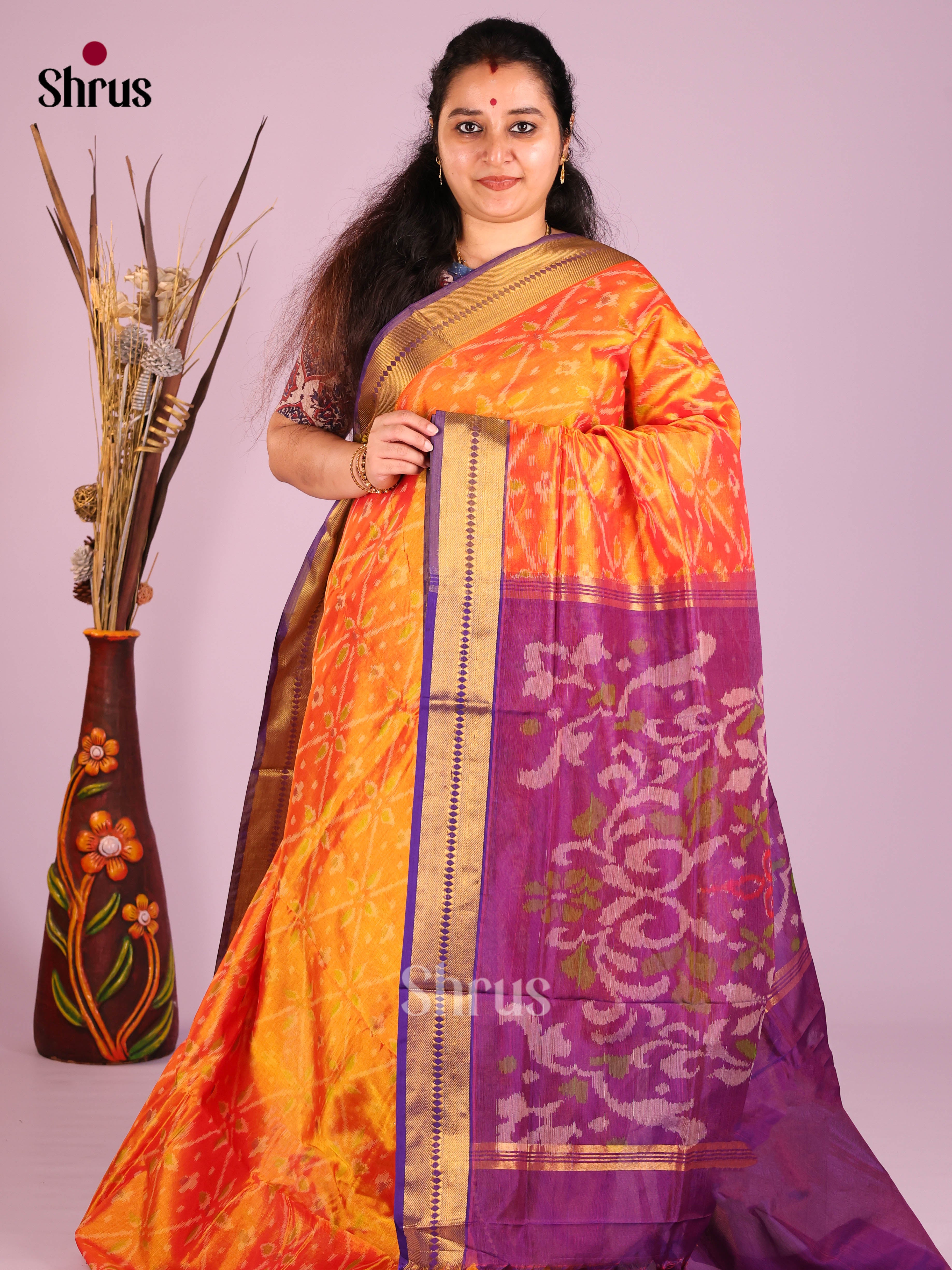 Orange & Purple - Silkcotton-Halfpure 9Yards Saree - Shop on Shrus.com