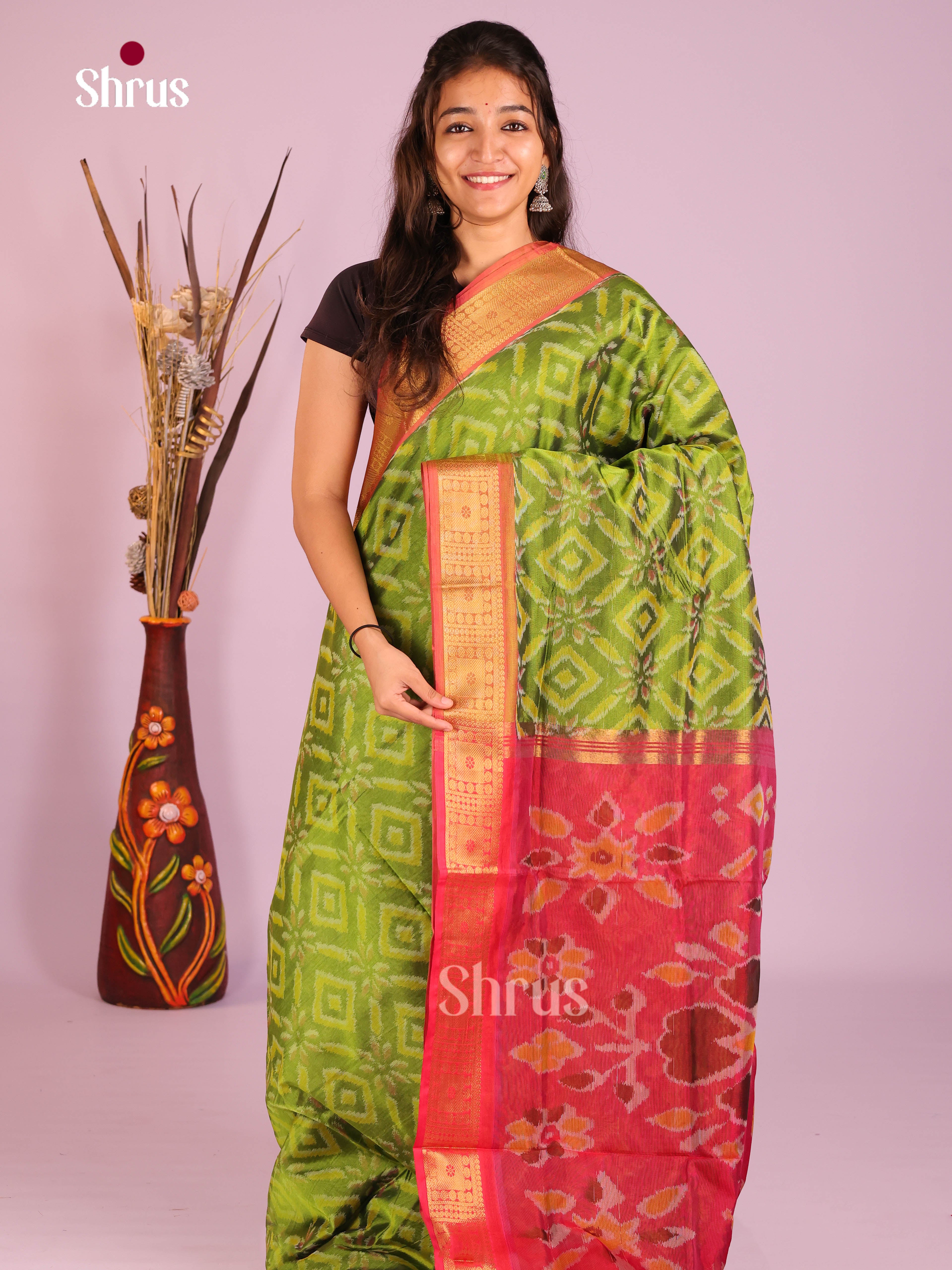 Green & Maroon- Silkcotton-Halfpure 9Yards Saree - Shop on Shrus.com
