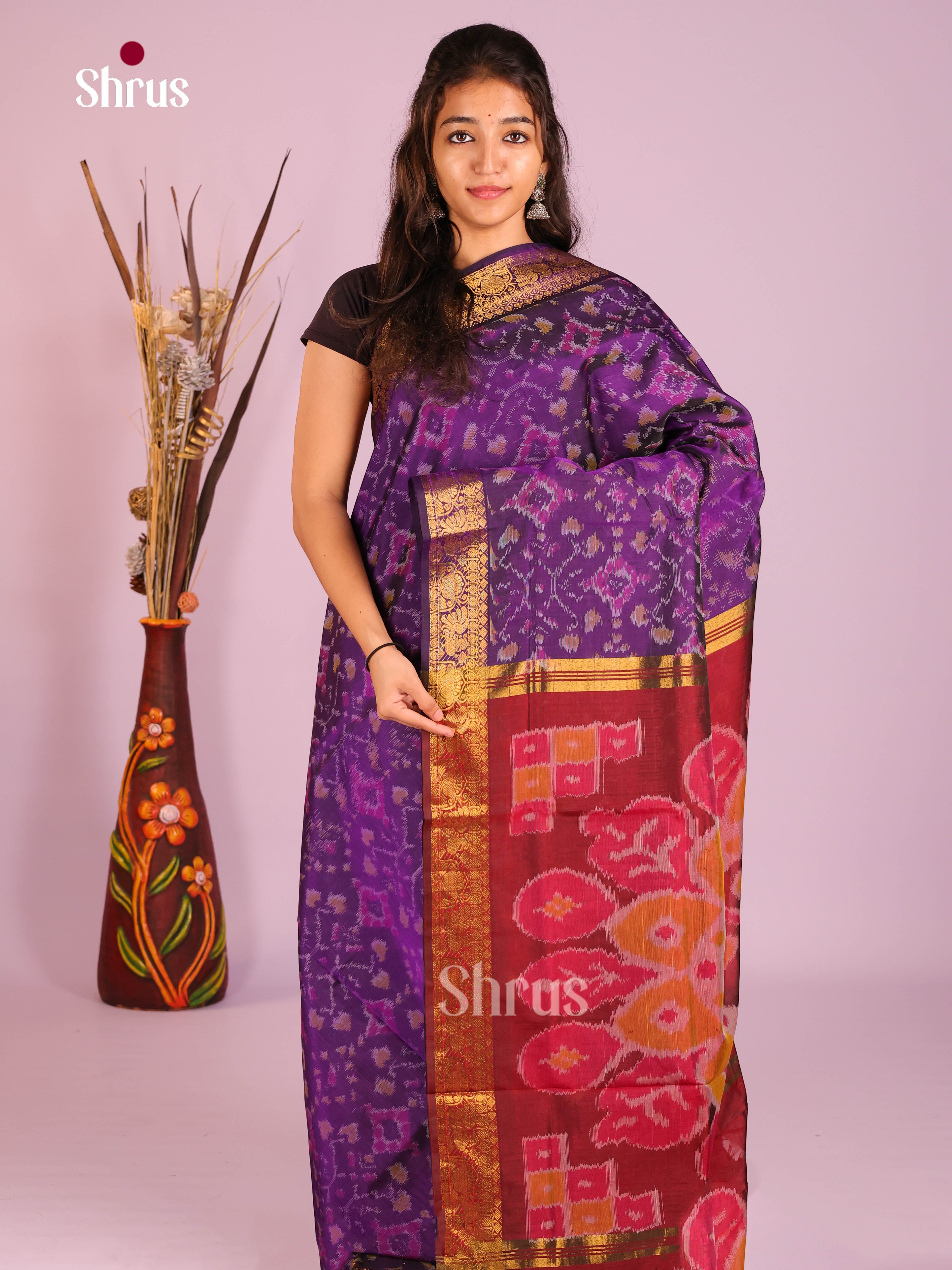 Violet & Maroon - Silkcotton-Halfpure 9Yards Saree