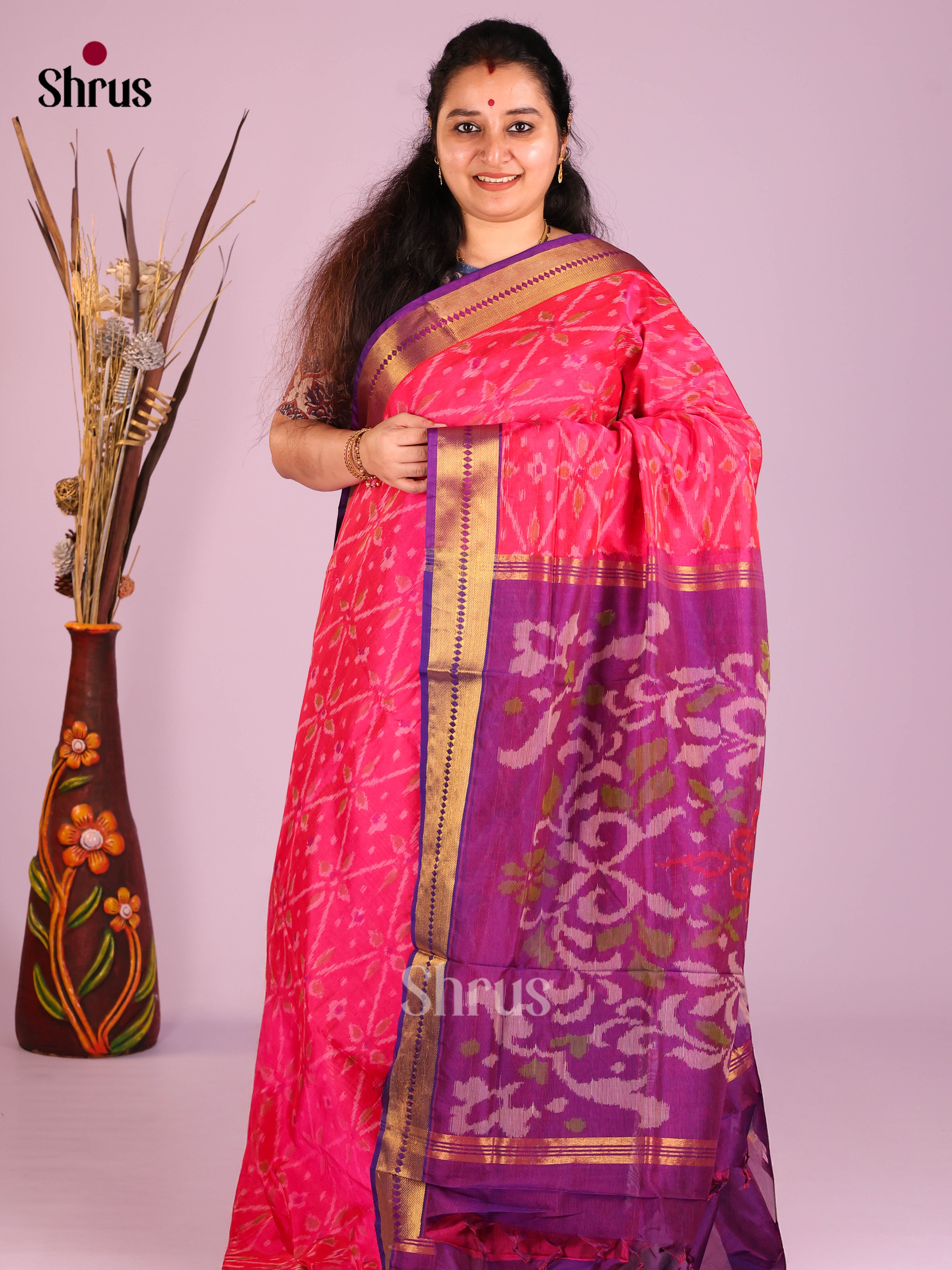 Pink & Purple - Silkcotton-Halfpure 9Yards Saree - Shop on Shrus.com