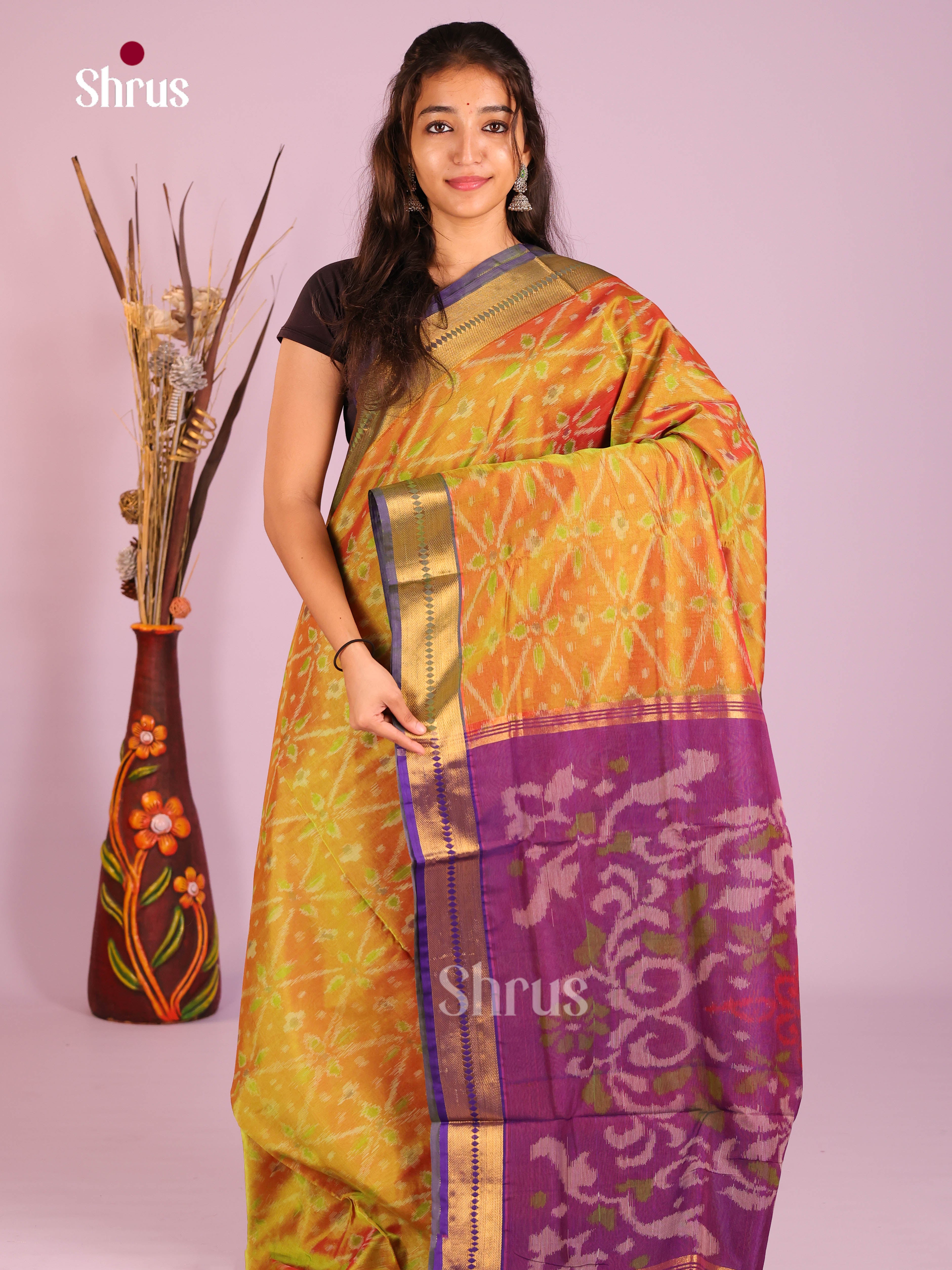 Mustard & Violet- Silkcotton-Halfpure 9Yards Saree