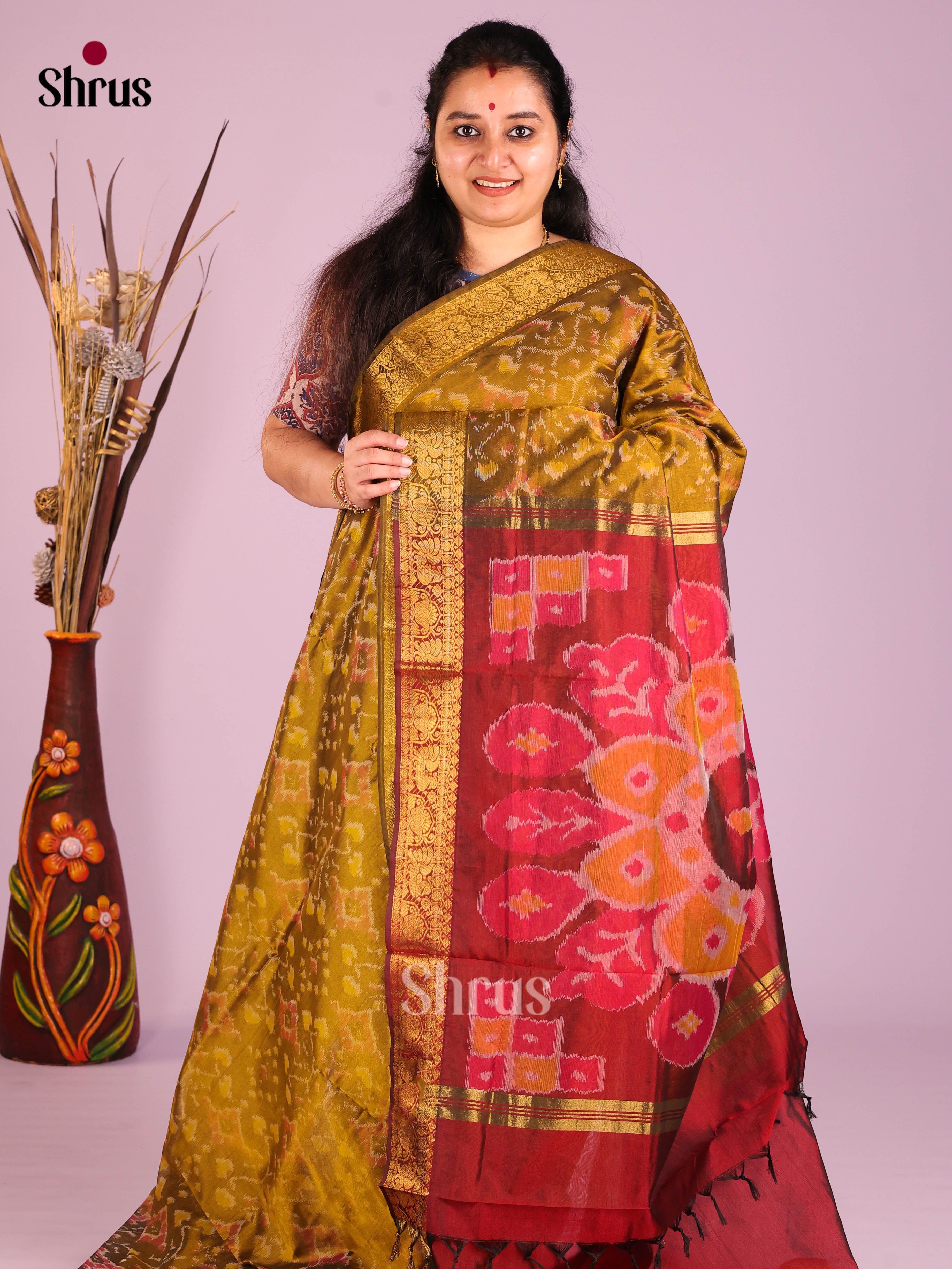 Mehandi Green & Maroon - Silkcotton-Halfpure 9Yards Saree