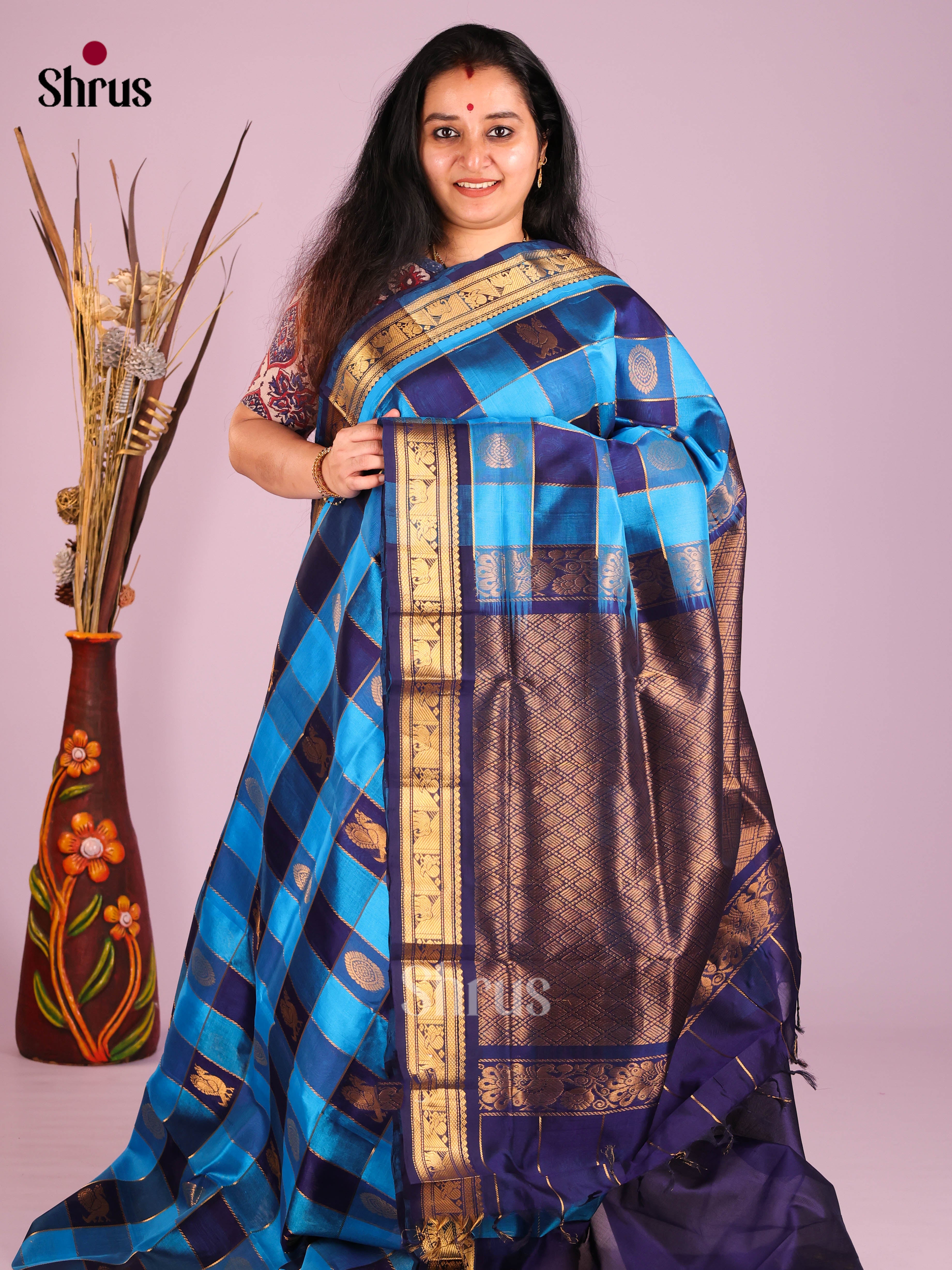 DIS10609 - NON KORVAI MEDIUM BORDER-Checks Saree - Shop on Shrus.com