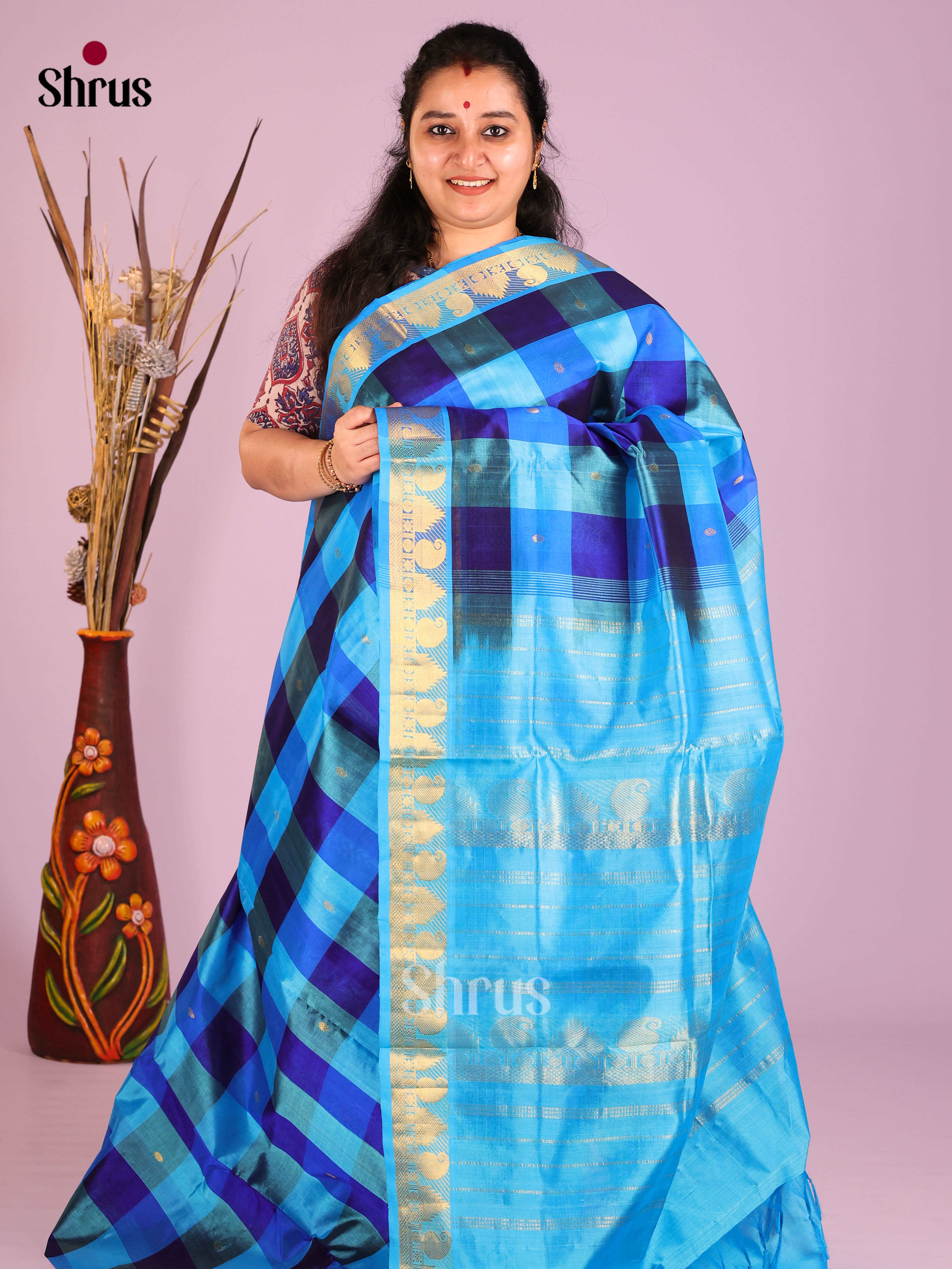 DIS10614 - NON KORVAI MEDIUM BORDER-Checks Saree - Shop on Shrus.com