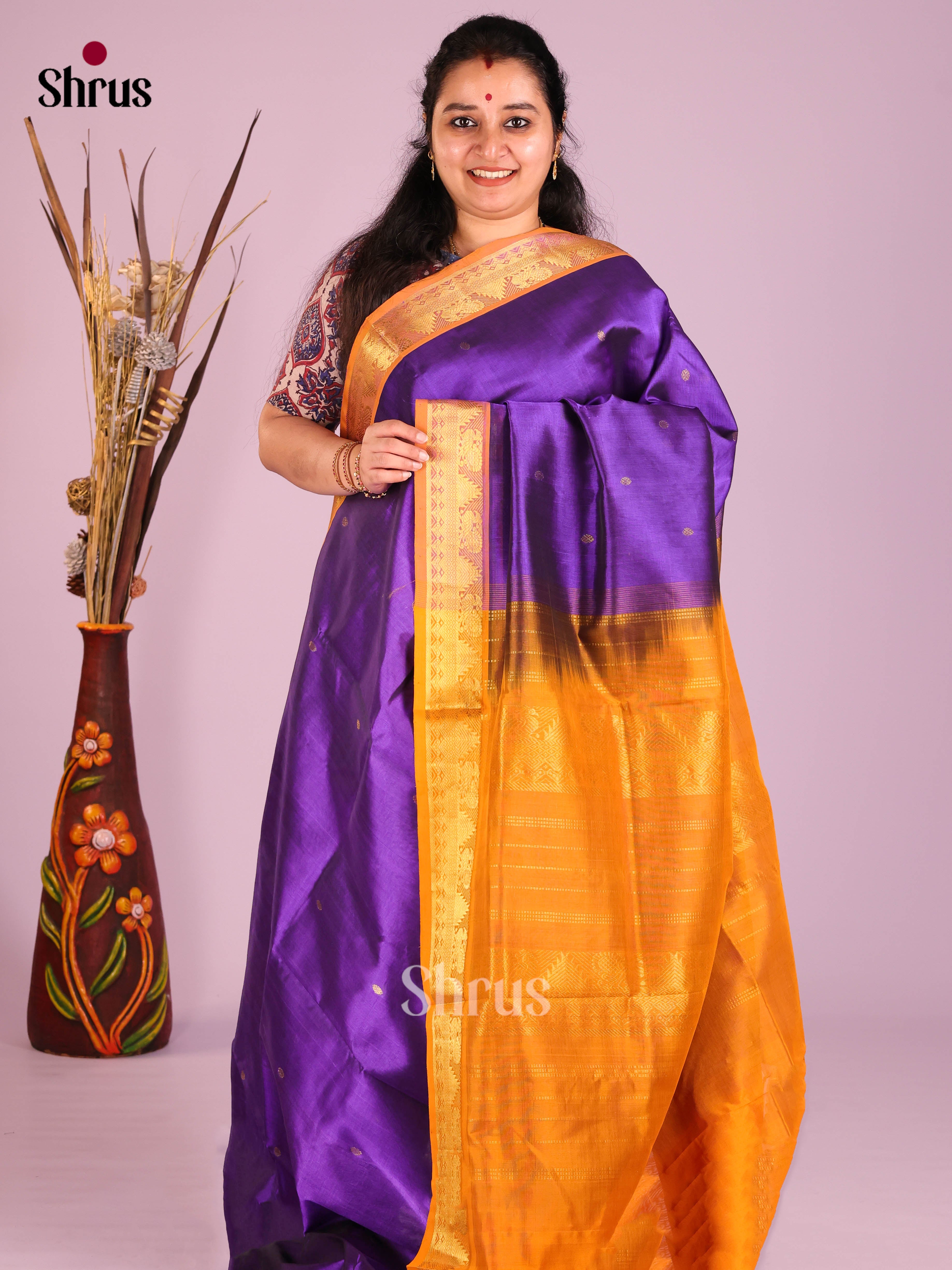 Elegant Violet Silk Cotton Saree with Golden Buttas & Mustard Zari Border