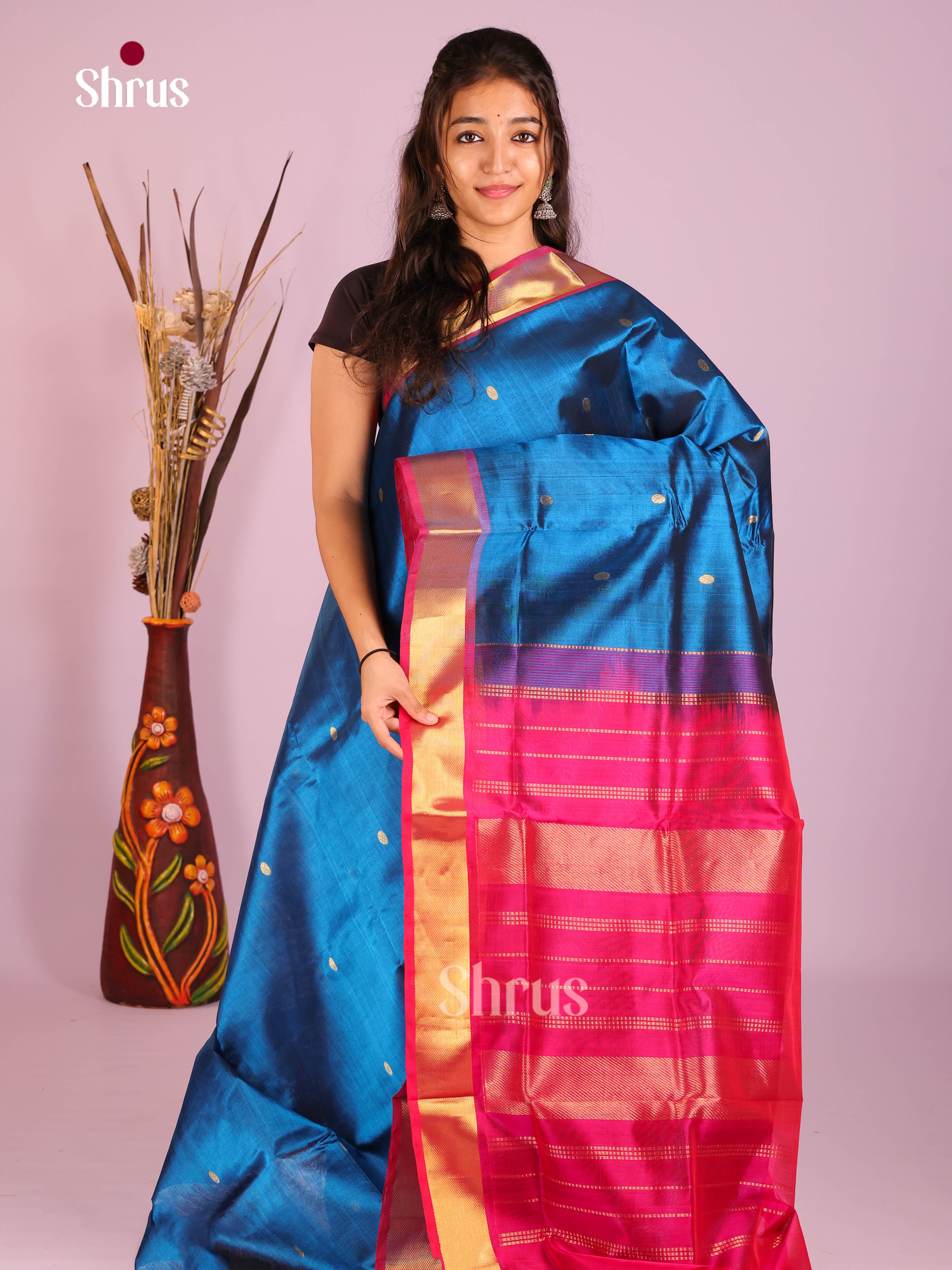 Timeless Blue Silk Cotton Saree With Golden Buttas & Pink Zari Woven Kaddi Border