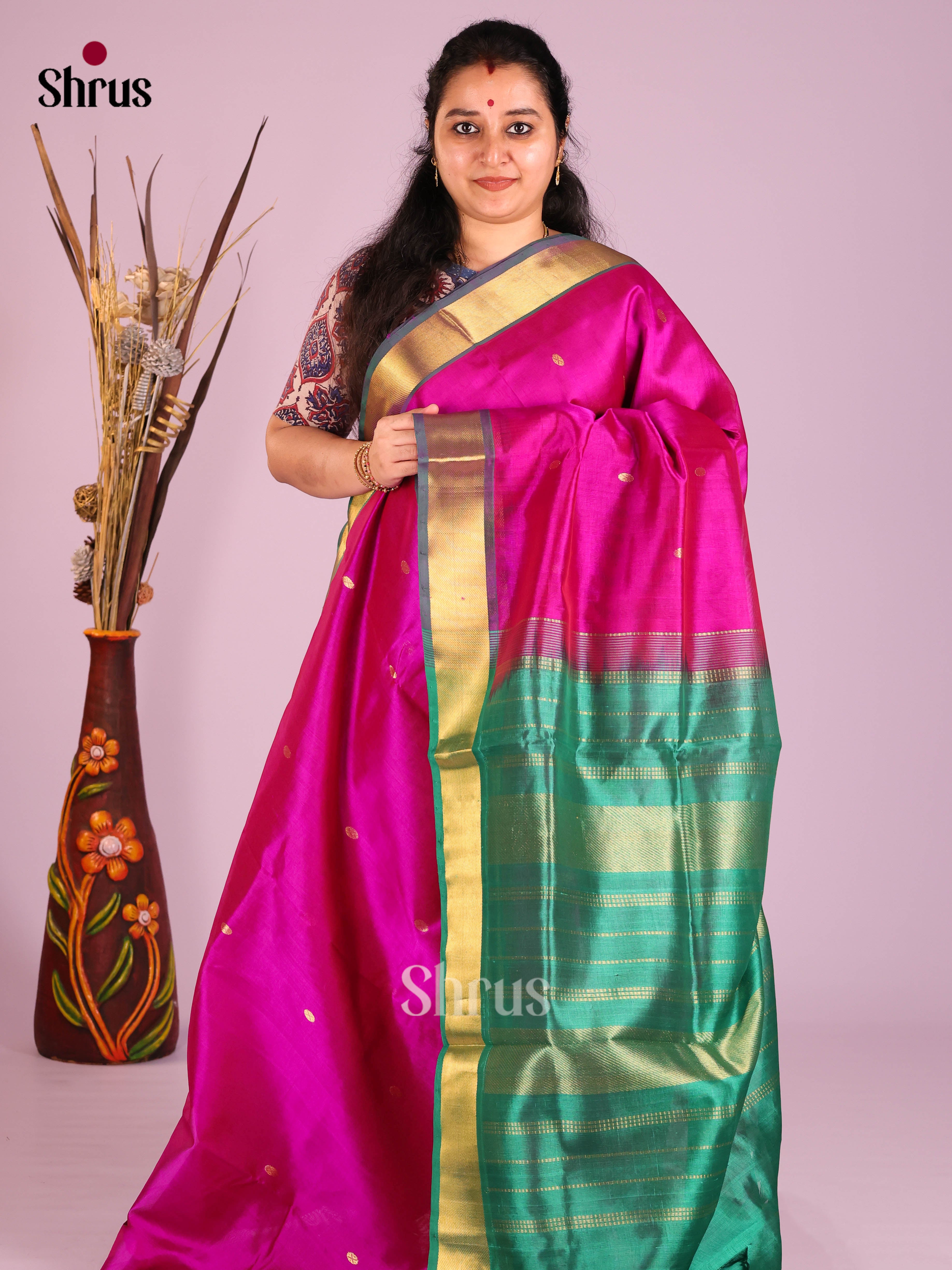 Charming Pink Silk Cotton Saree with Golden Buttas & Green Zari Border