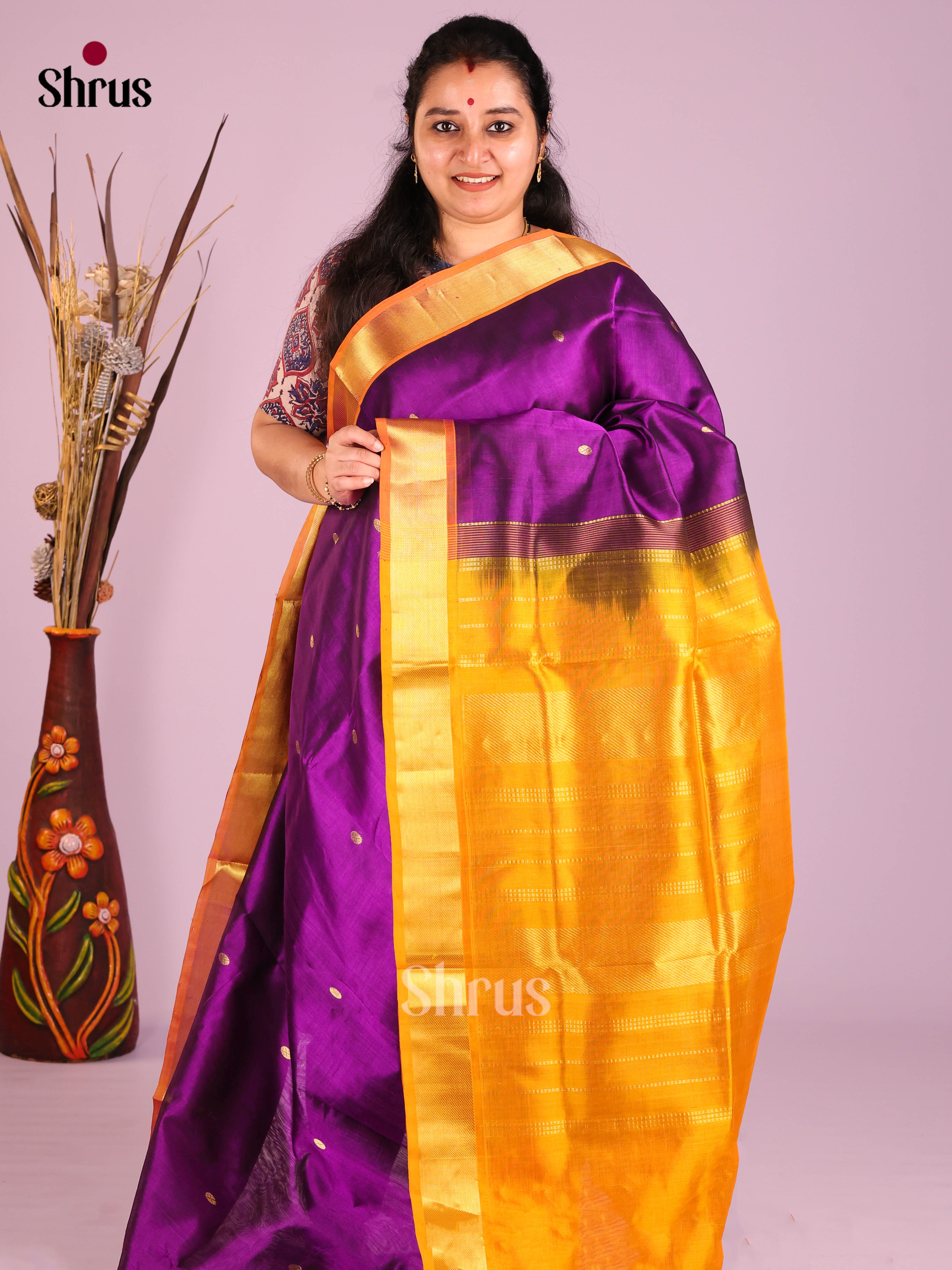 Violet & Yellow - NON KORVAI MEDIUM BORDER-Butta Silk COtton Saree