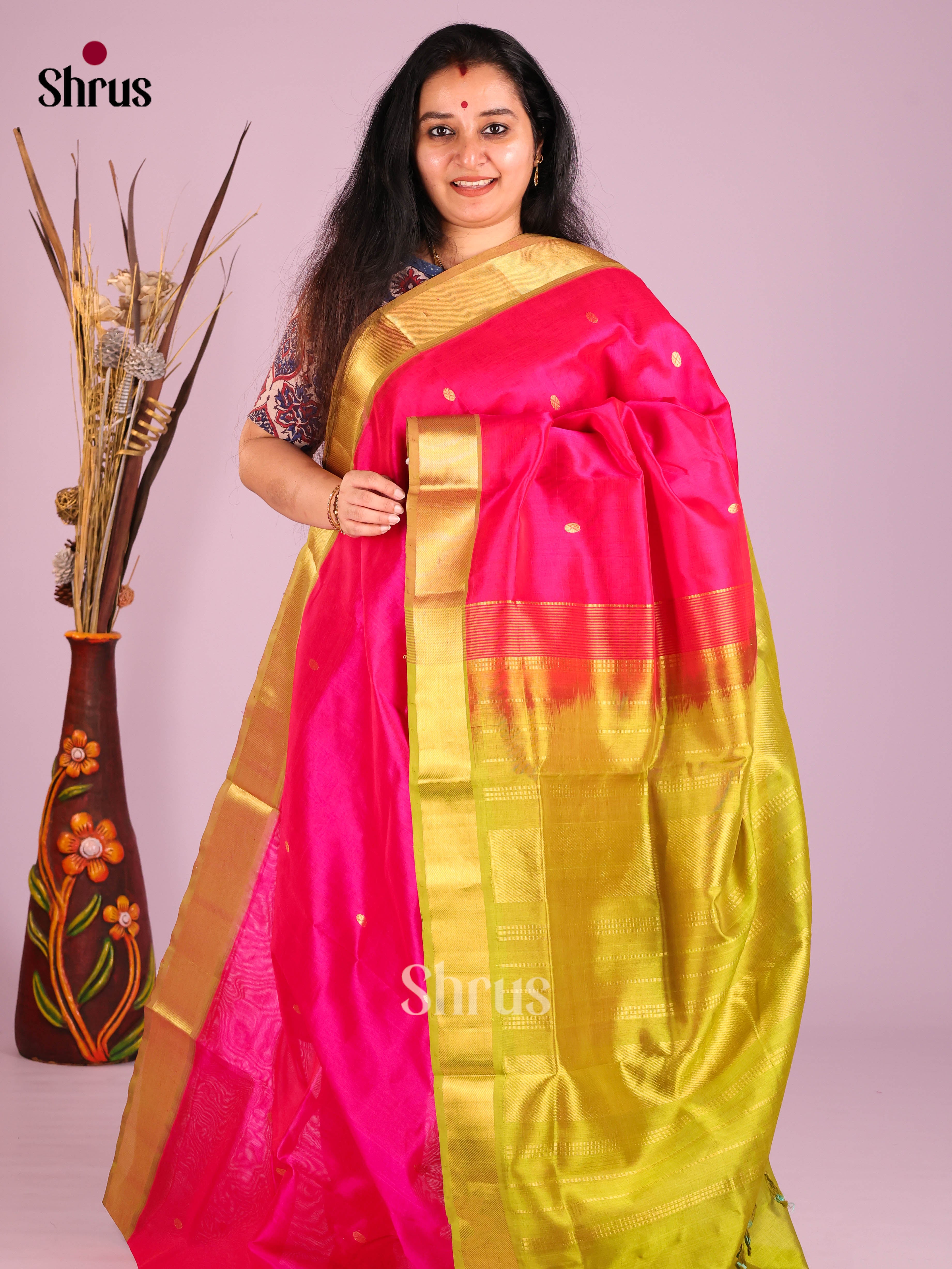 Stunning Pink Silk Cotton Saree With Zari Woven Buttas & Striped Mustard Pallu