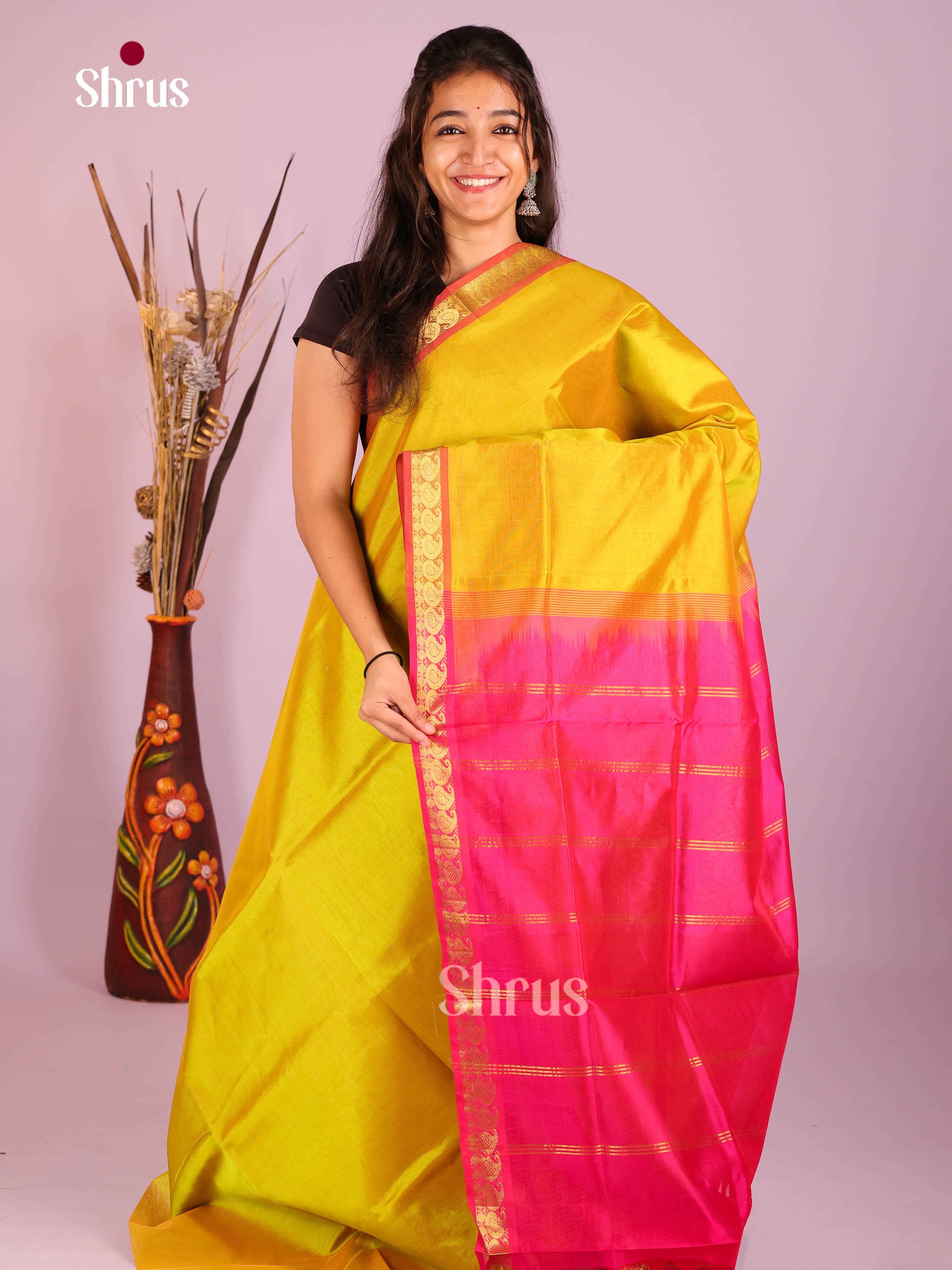 Luminous Yellow Silk Cotton Saree with Plain Border & Pink Zari Border