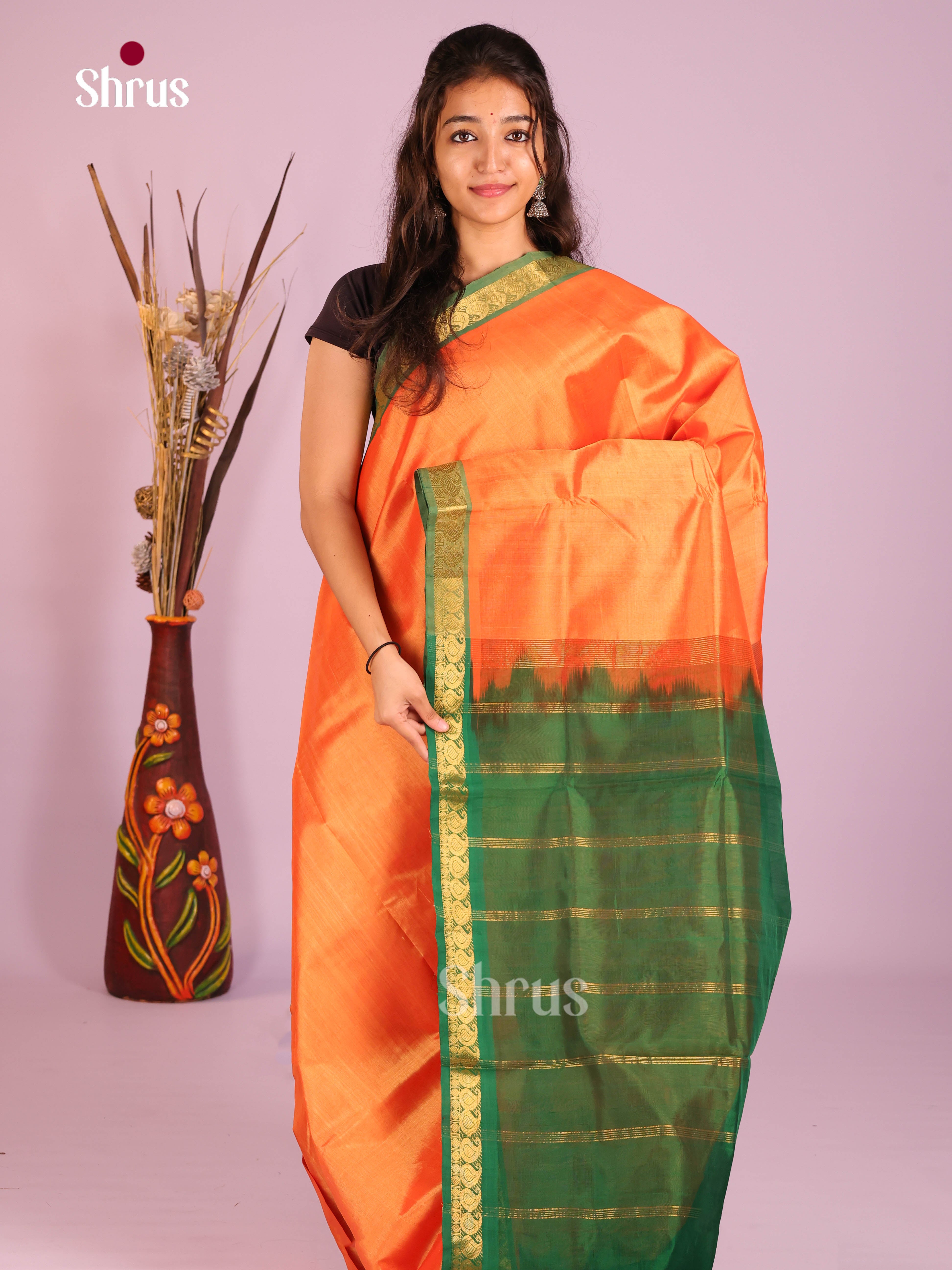 Vibrant Orange Silk Cotton Saree with Plain Body & Green Zari Border