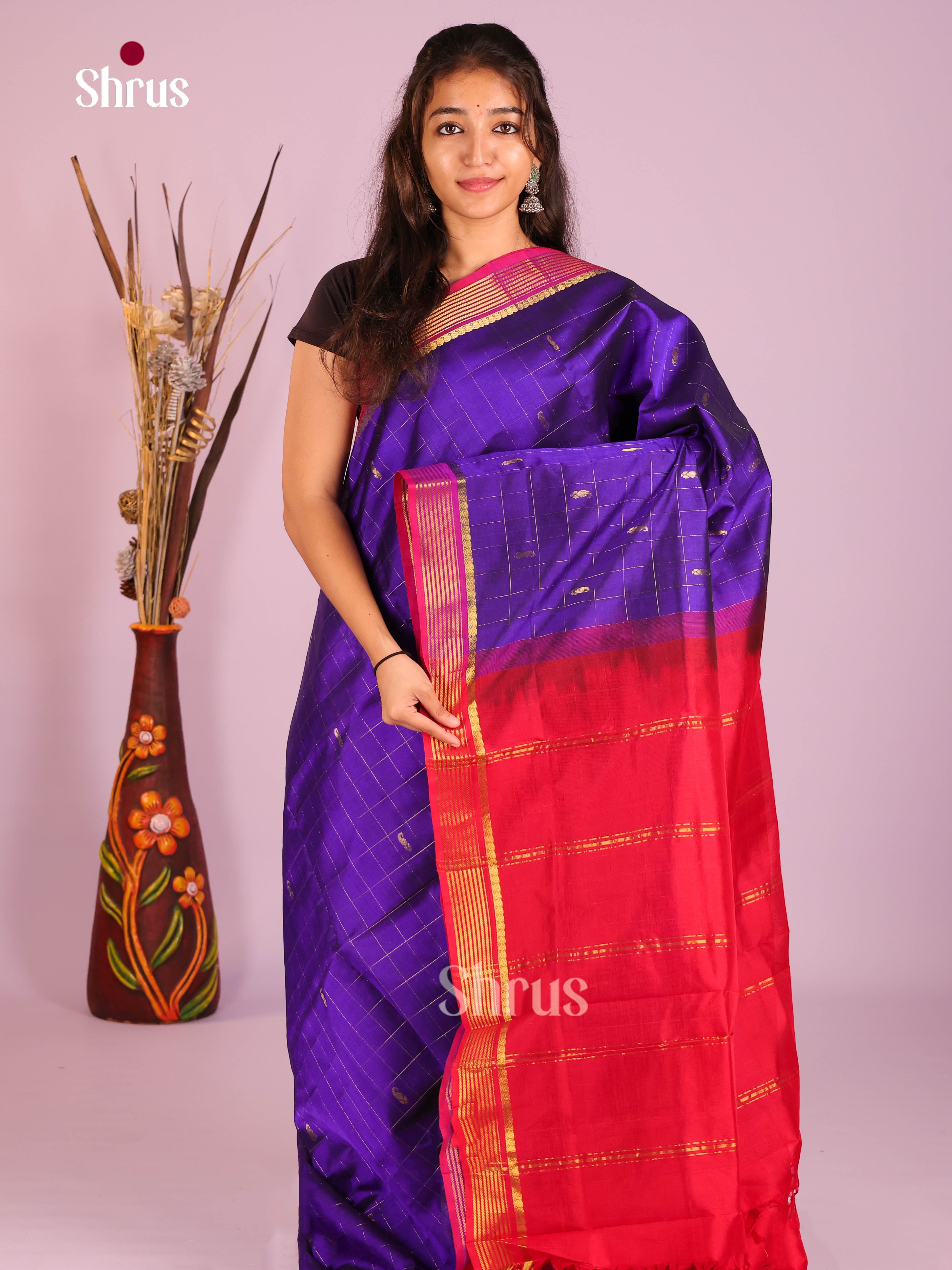 Opulent Blue Silk Cotton Saree with Zari Checks, Manga Buttas & Red Zari Border