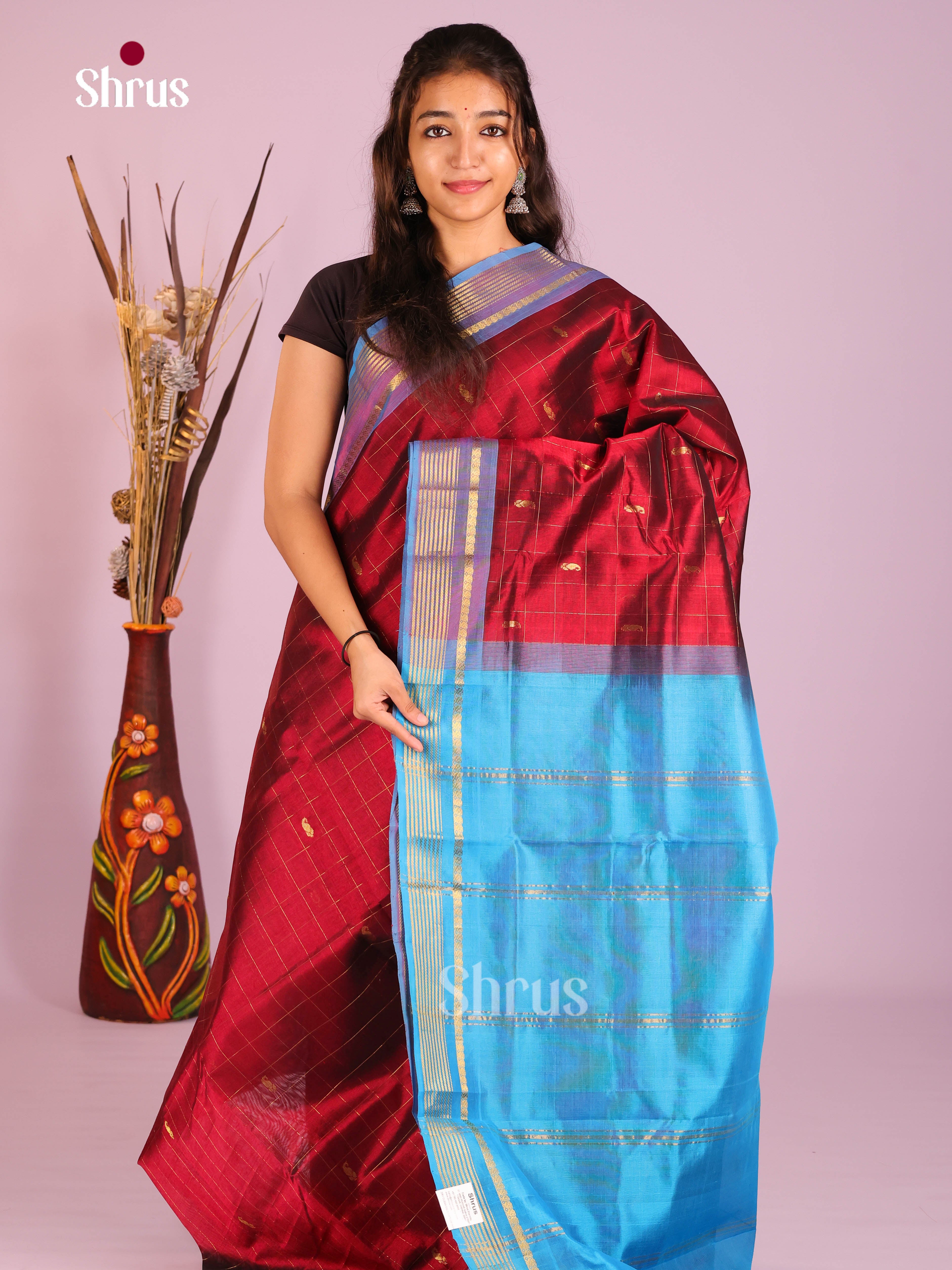 Classy Maroon Silk Cotton Saree with Zari Checks, Manga Buttas & Blue Zari Border