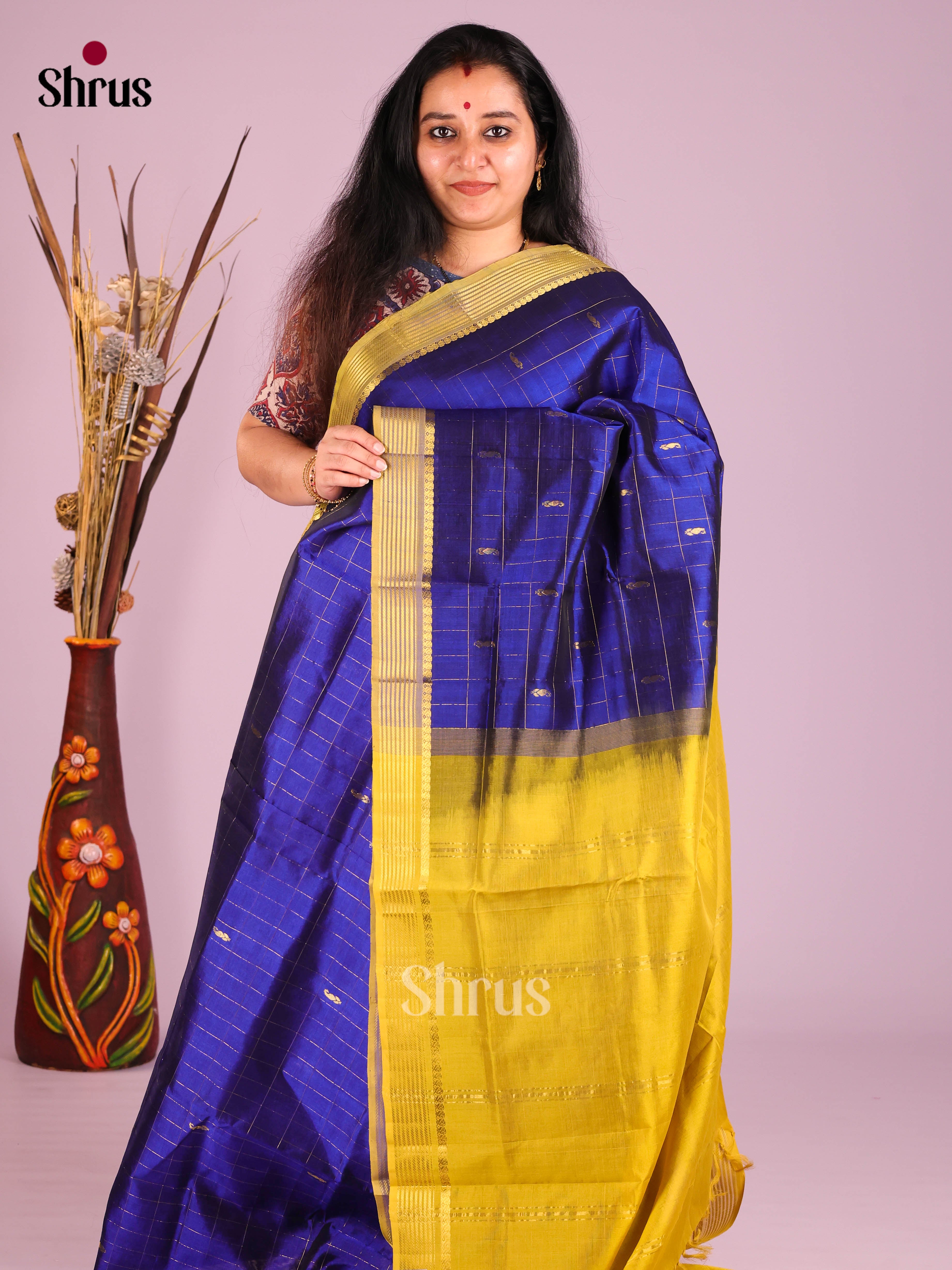 Vibrant Blue Silk Cotton Saree with Zari Checks, Manga Buttas & Yellow Zari Border