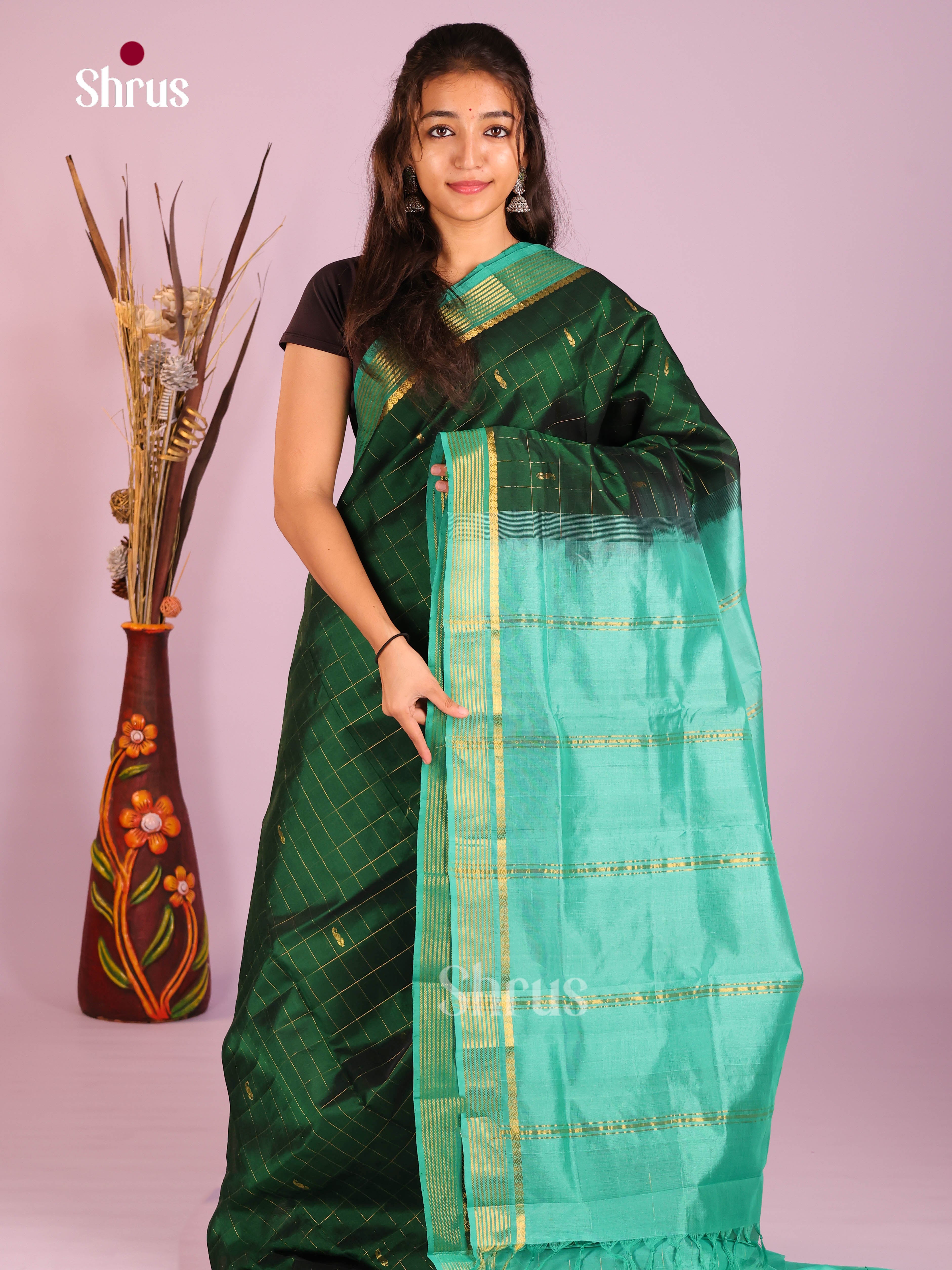 Bottle Green & Teal - Silk Cotton Saree