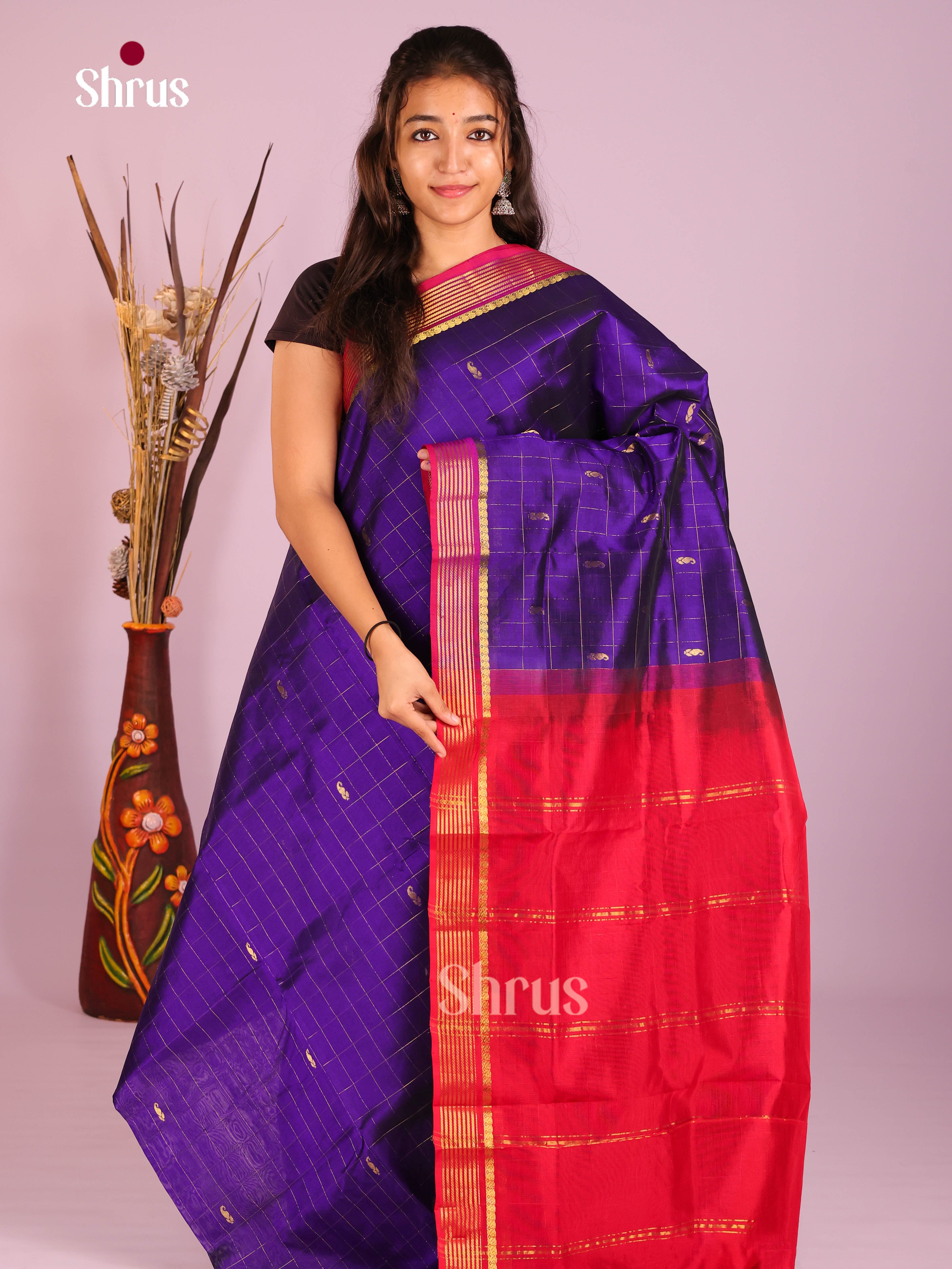 Elegant Blue Checked Silk Cotton Saree with Manga Buttas & Red Zari Border