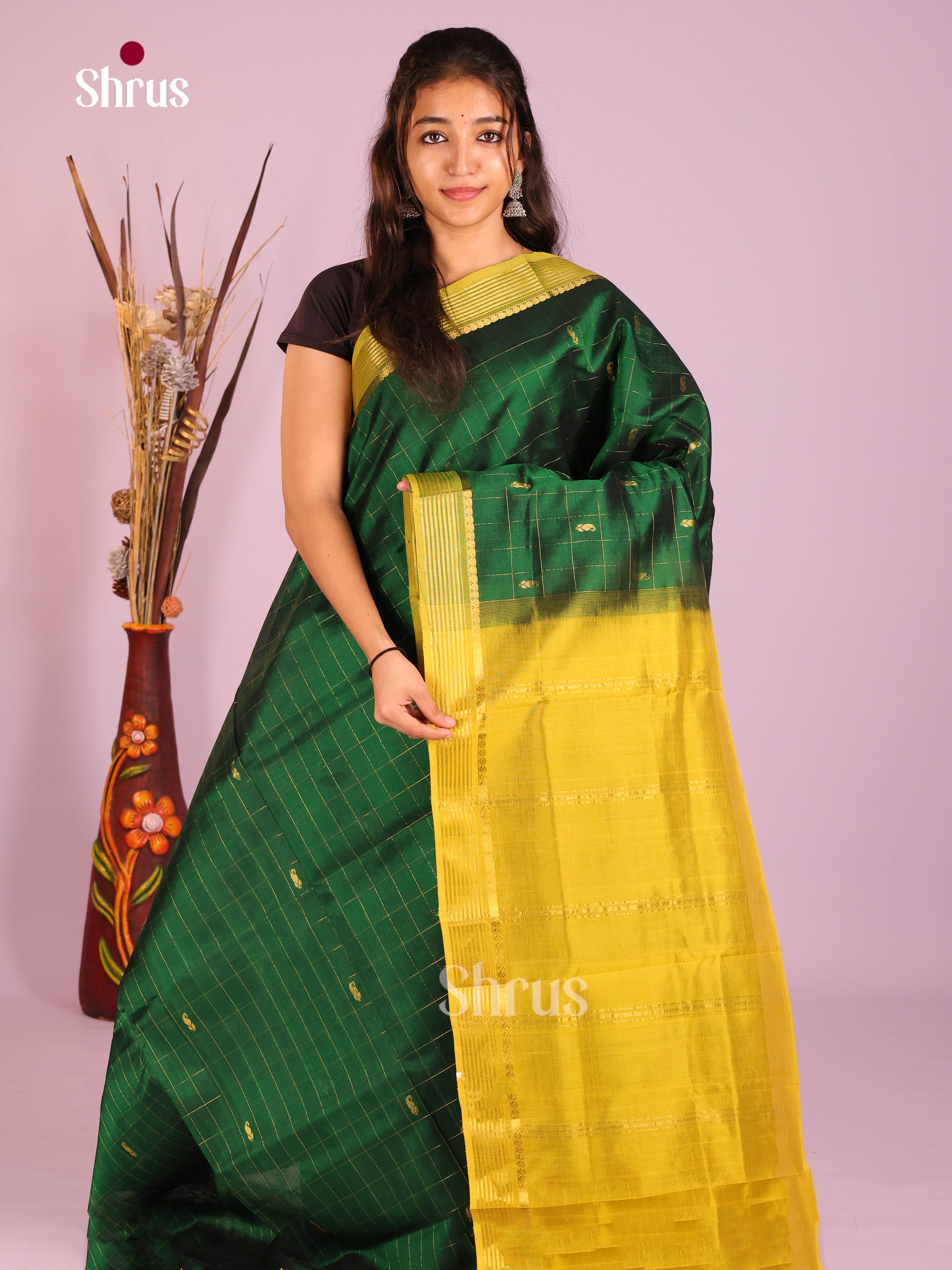 Bottle Green Silk Cotton Saree With Checks, Manga Buttas & Mathulir Green Border