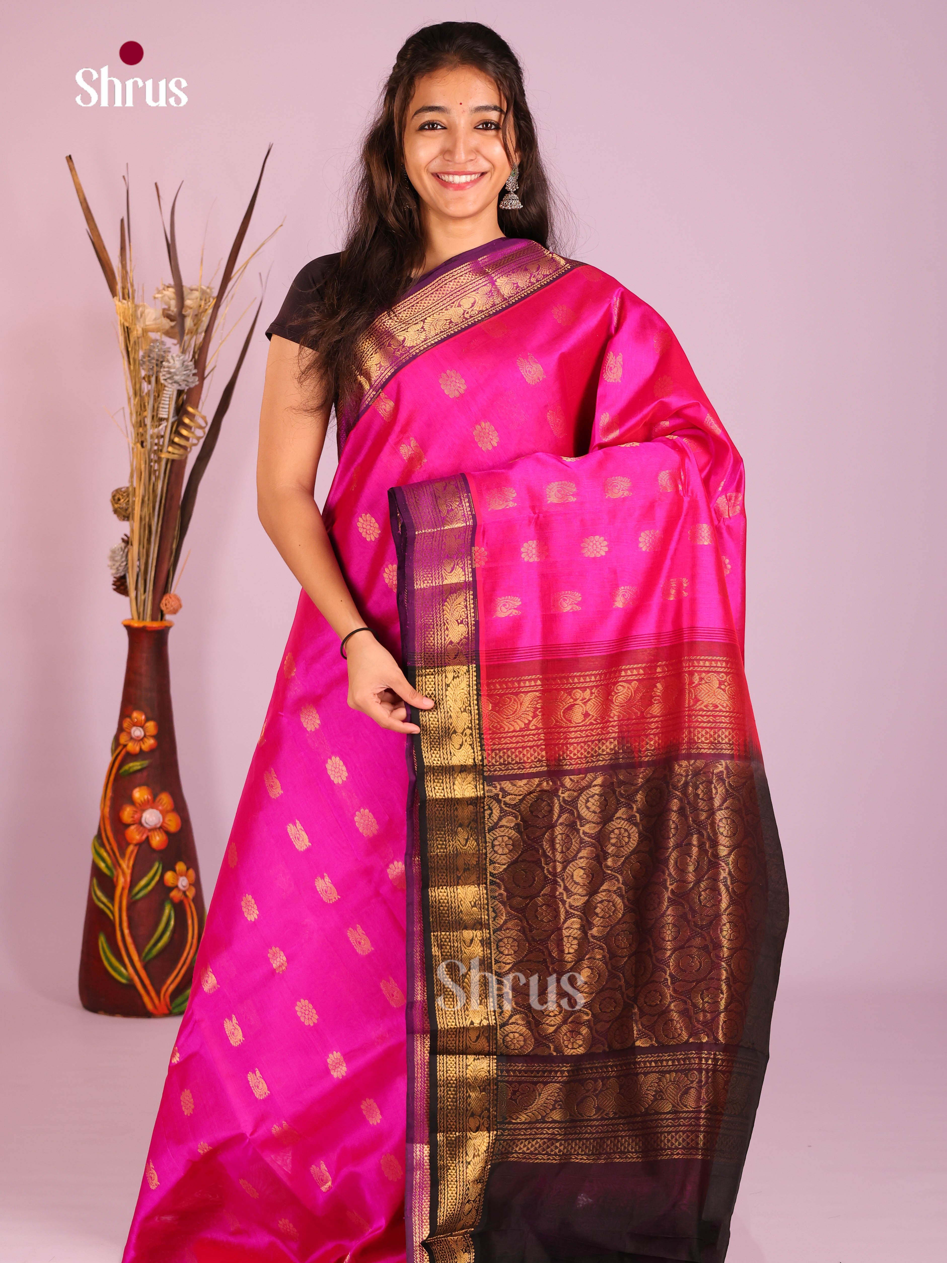 Charming Pink Silk Cotton Saree with Golden Floral Buttas & Rich Zari Woven Brown Pallu