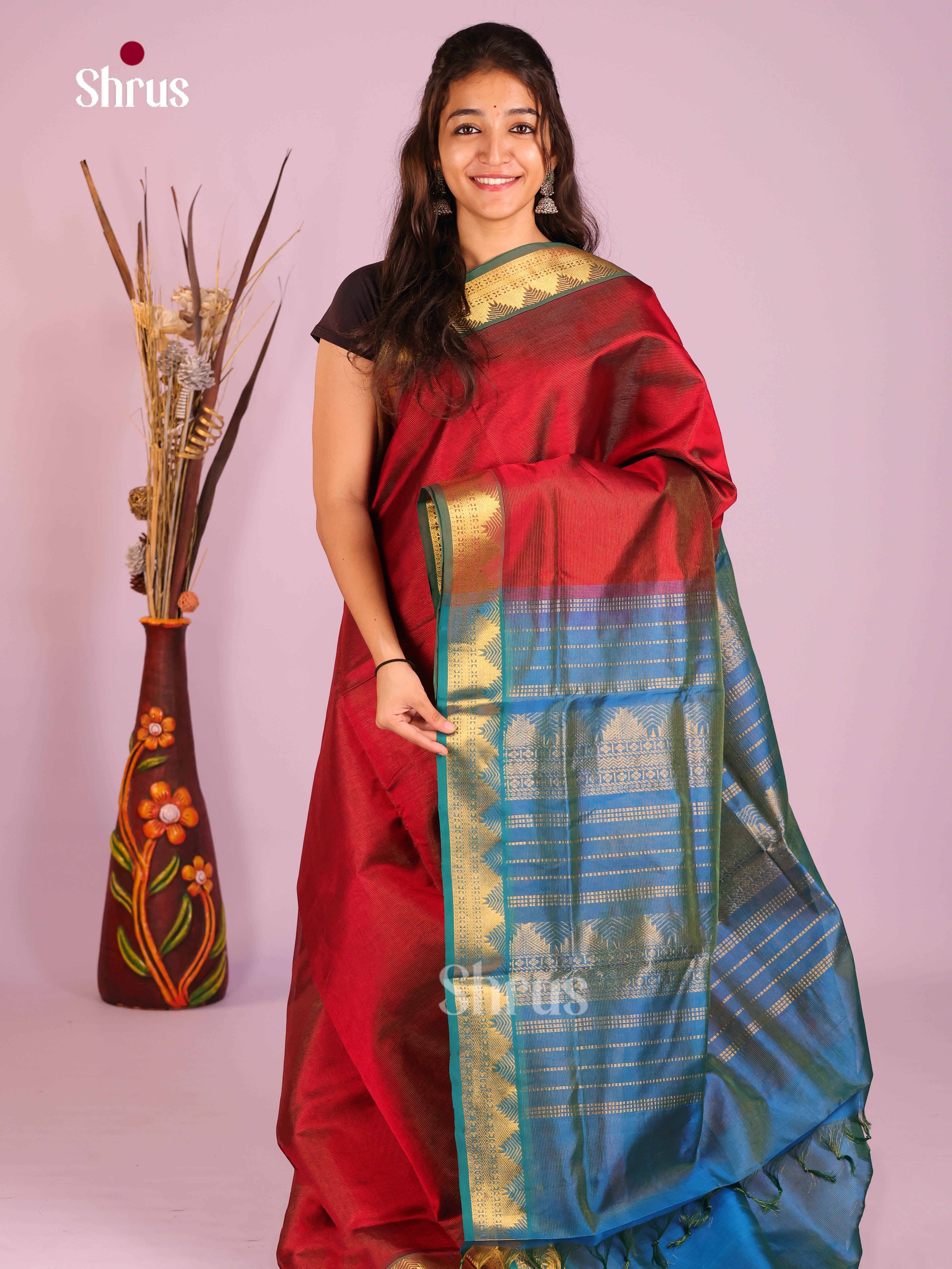 Classic Maroon Silk Cotton Saree with Plain Body & Blue Zari Border