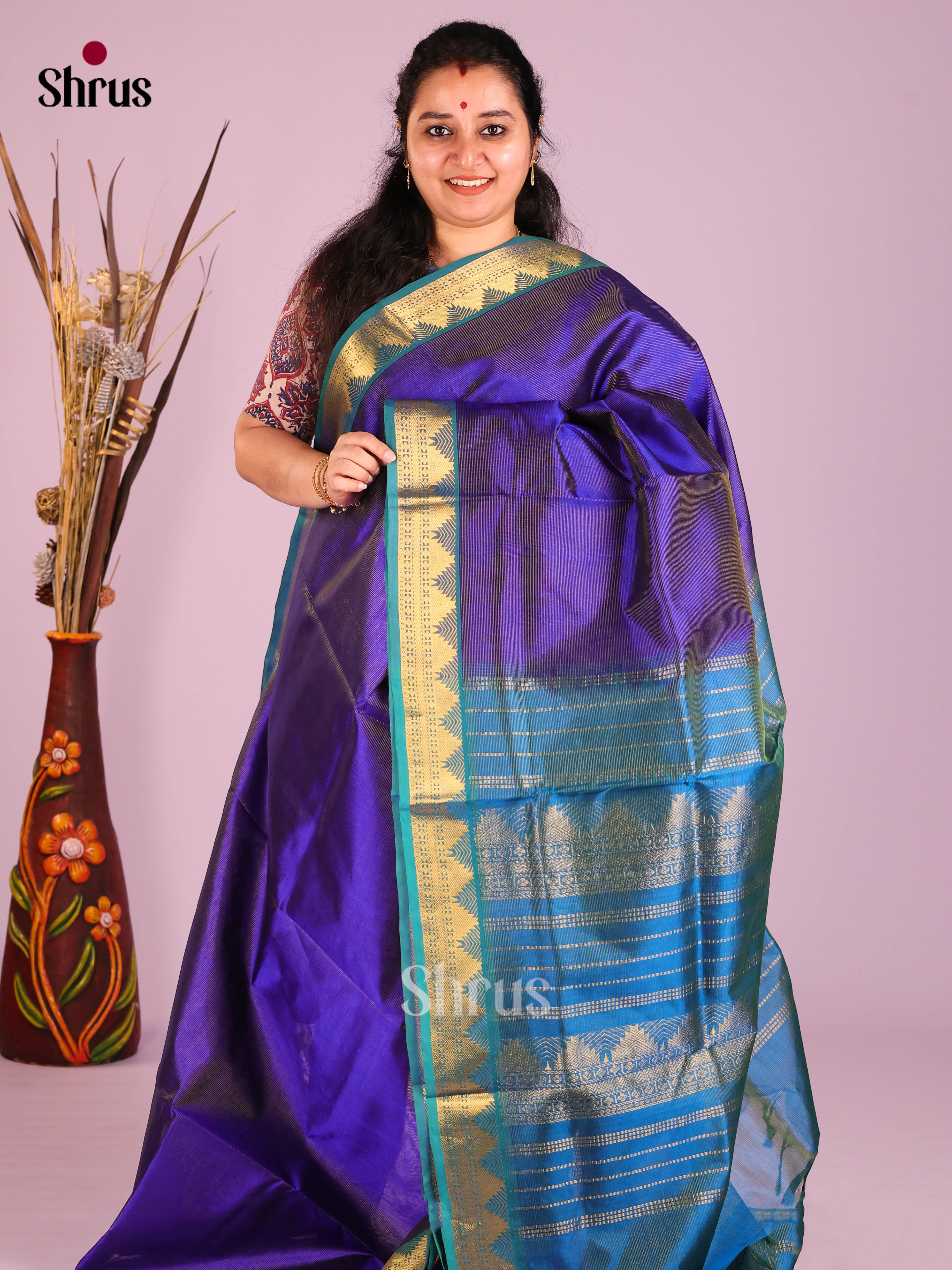Blue & Teal - Silk Cotton NON KORVAI MEDIUM BORDER-Lines Saree
