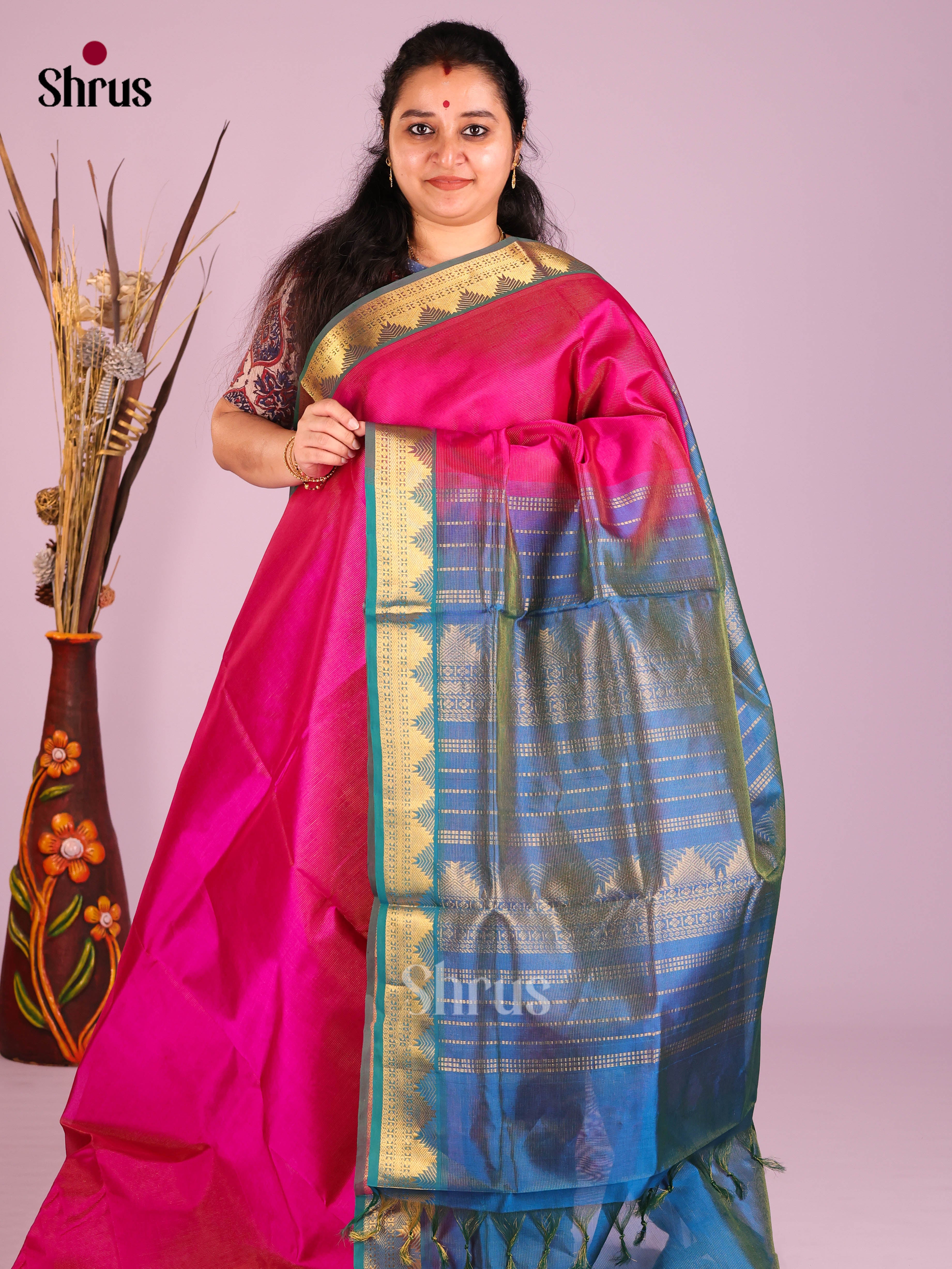 Pink & Blue -Silk Cotton NON KORVAI MEDIUM BORDER-Lines Saree