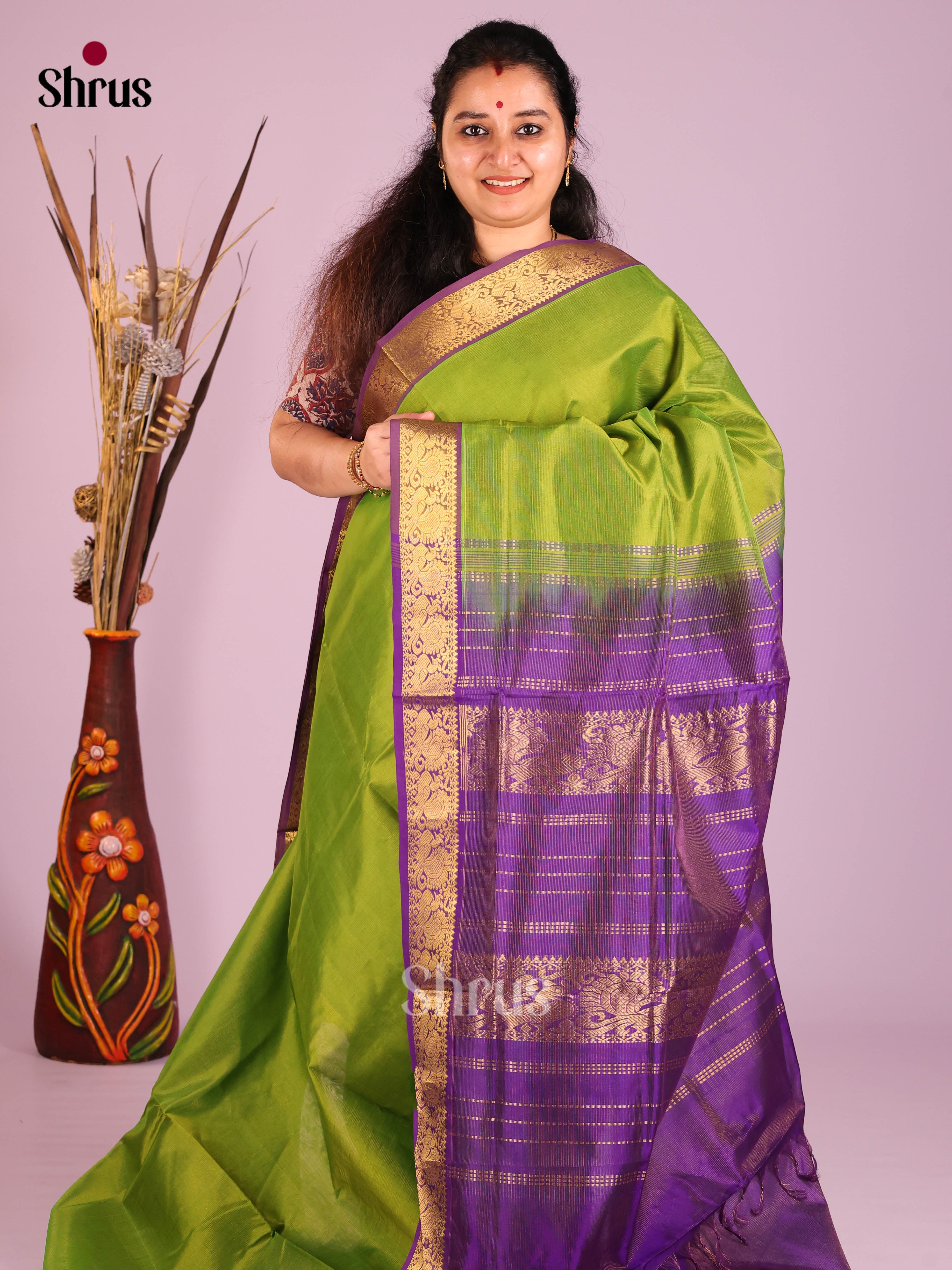 Green & Violet - NON KORVAI MEDIUM BORDER-Lines Silk Cotton Saree - Shop on Shrus.com