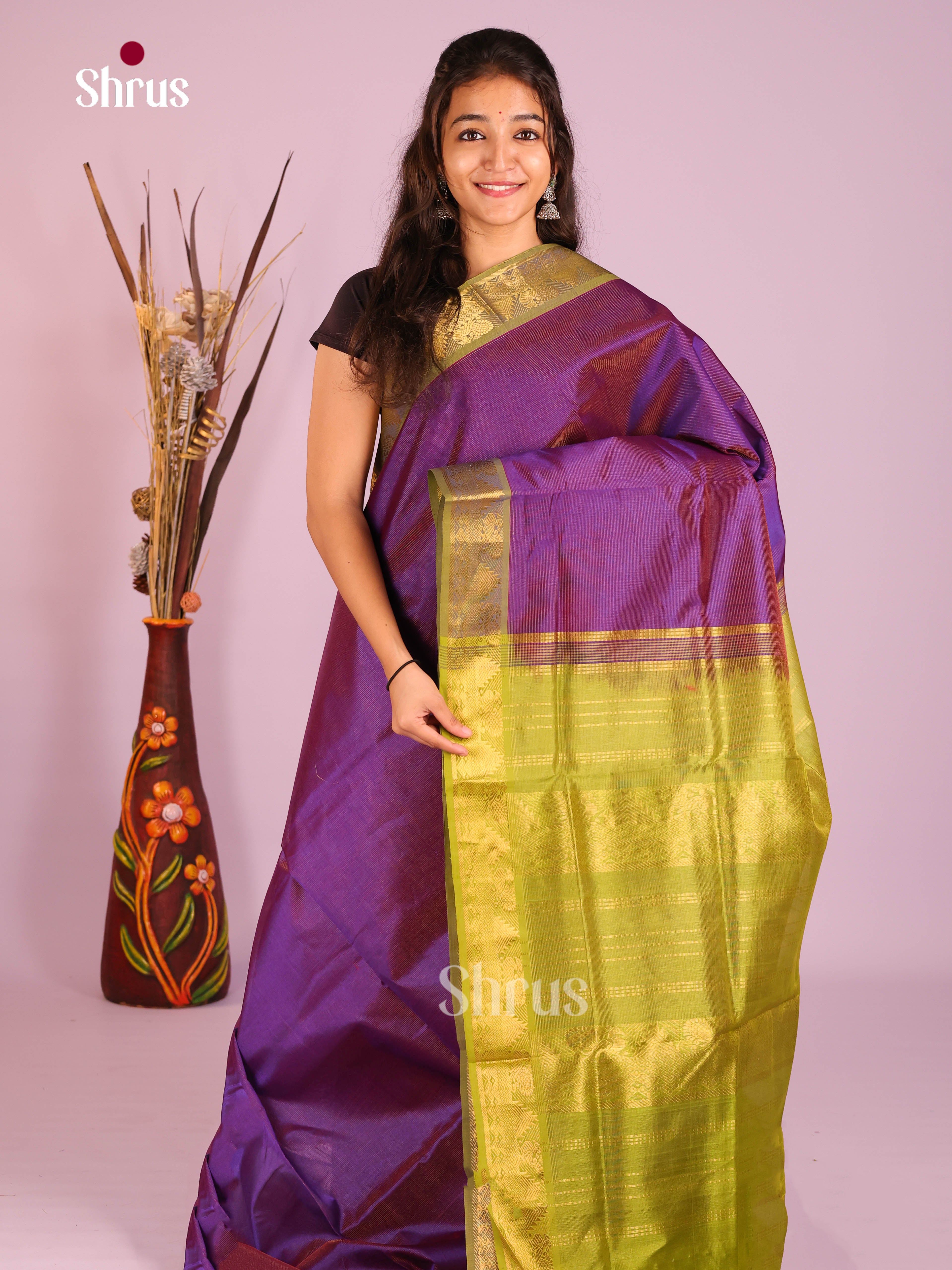 Beautiful Violet Silk Cotton Saree with Zari Stripes & Green Border