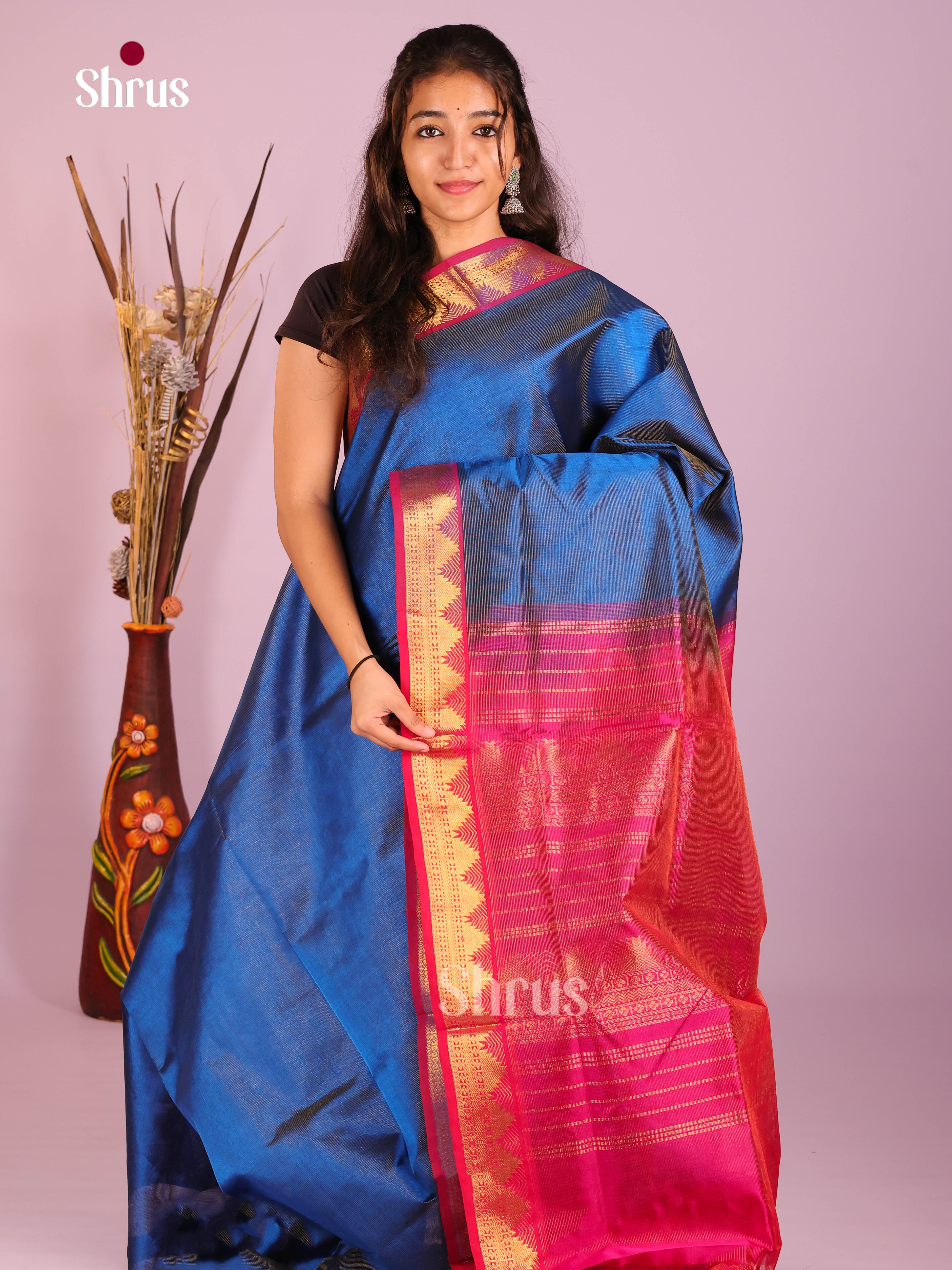Pretty Blue Silk Cotton Saree with Zari Stripes & Pink Border
