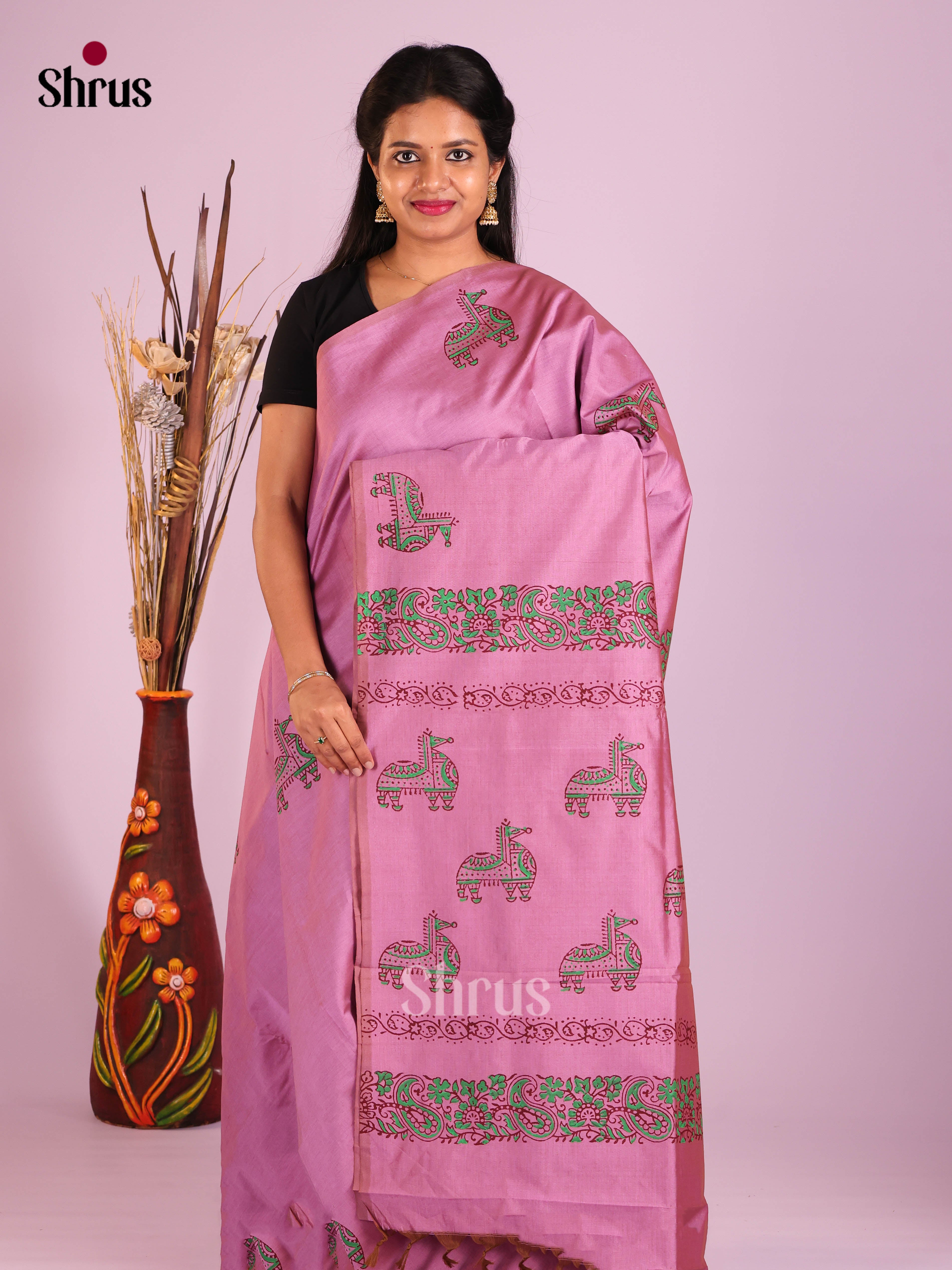 Pink & Blue - Semi Silkcotton print Saree